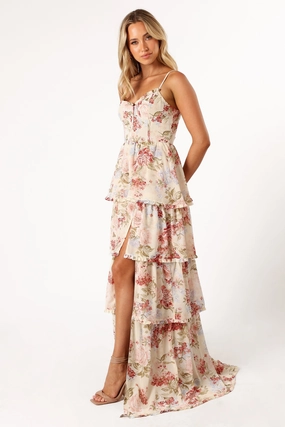 Easy Drape Floral Swing Mito Tiered Maxi Dress - Cream Floral