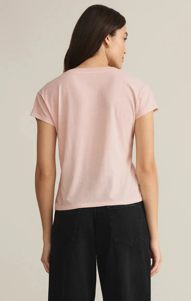 Embroidered Modern V Neck Tee | Graphite Grey, Pink Salt, White Slub Knit Texture