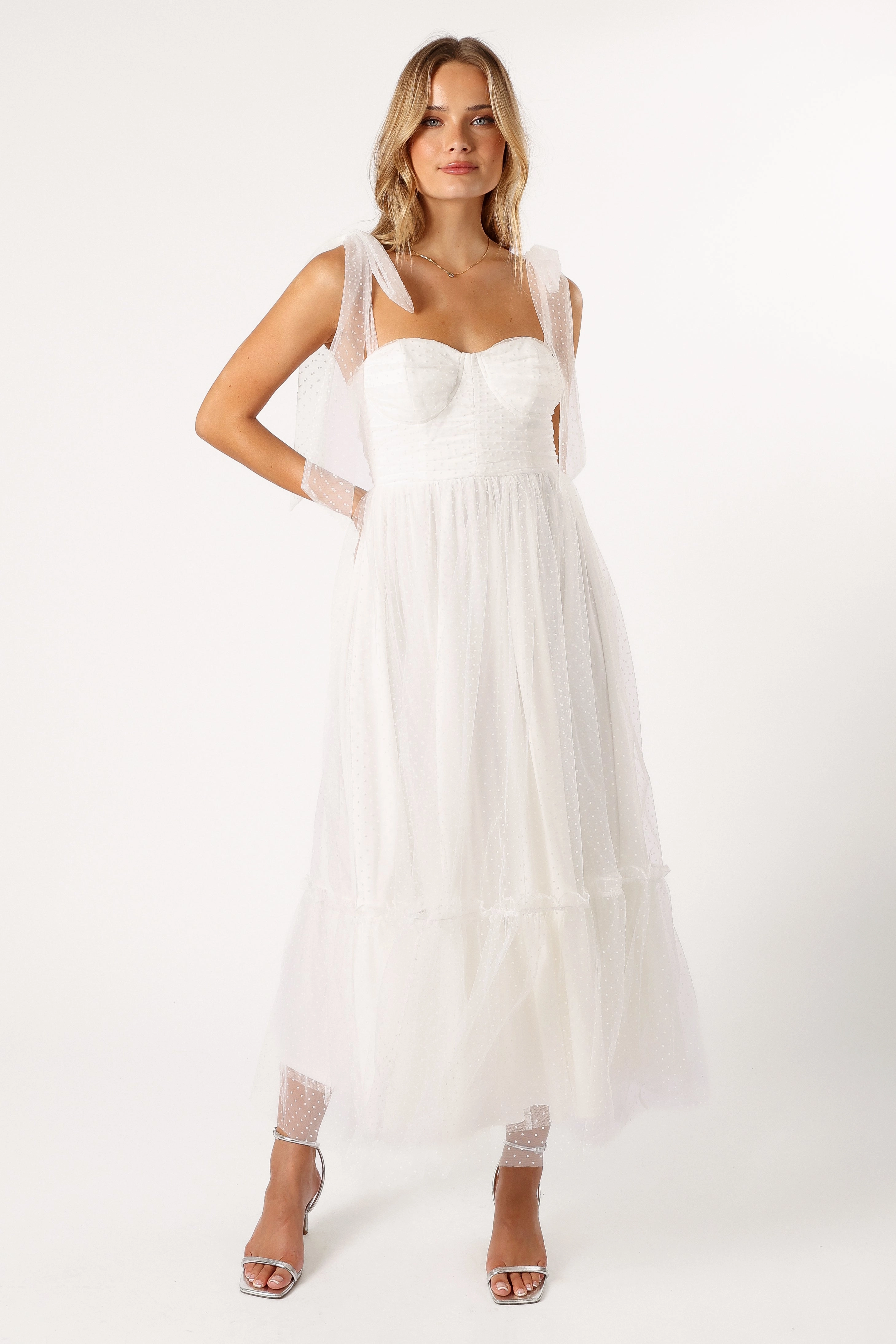 Layered Fabric Floret Midi Dress - Off White