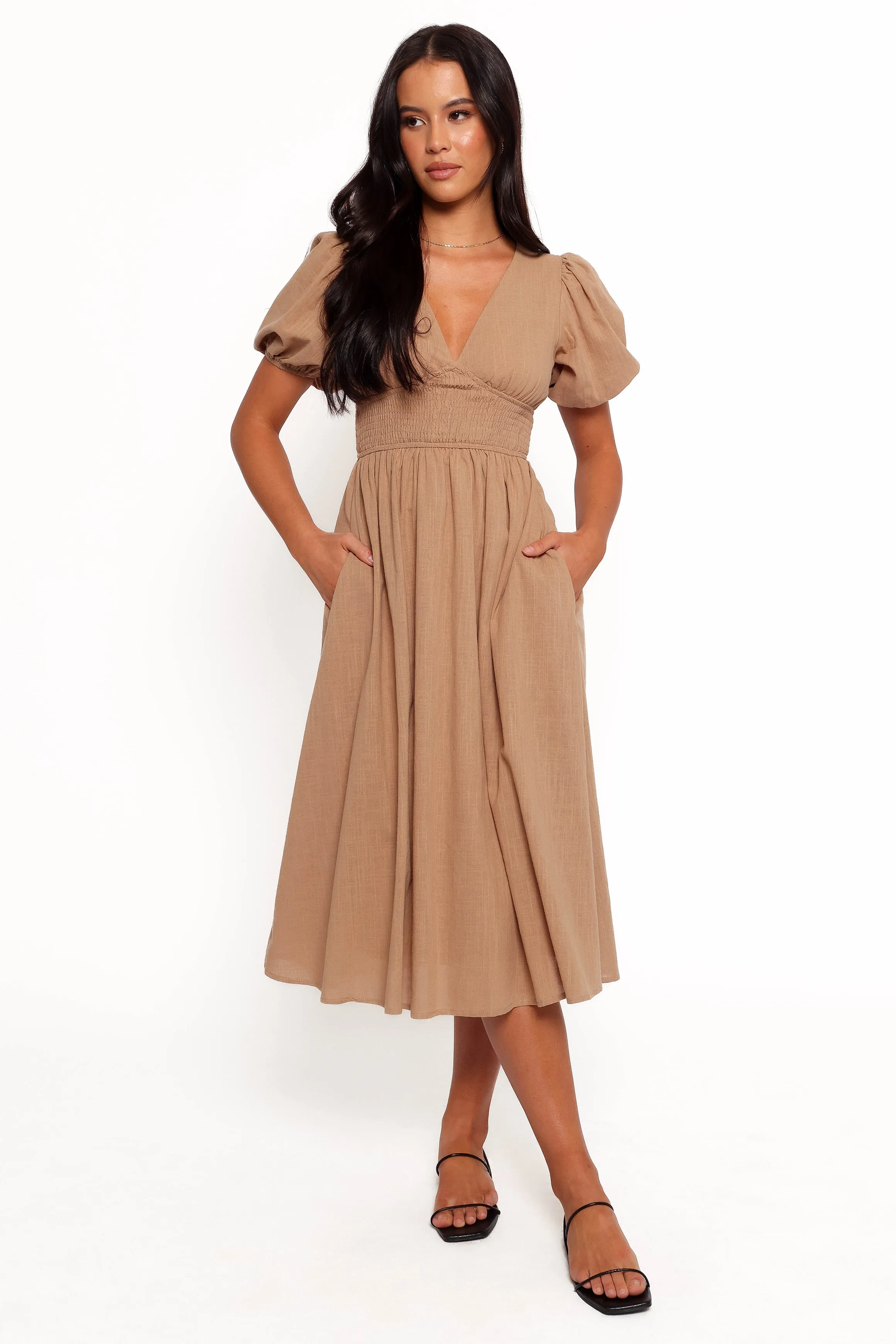 Ronnie Short Sleeve Midi Dress - Tan Soft Detail Bow-Detail
