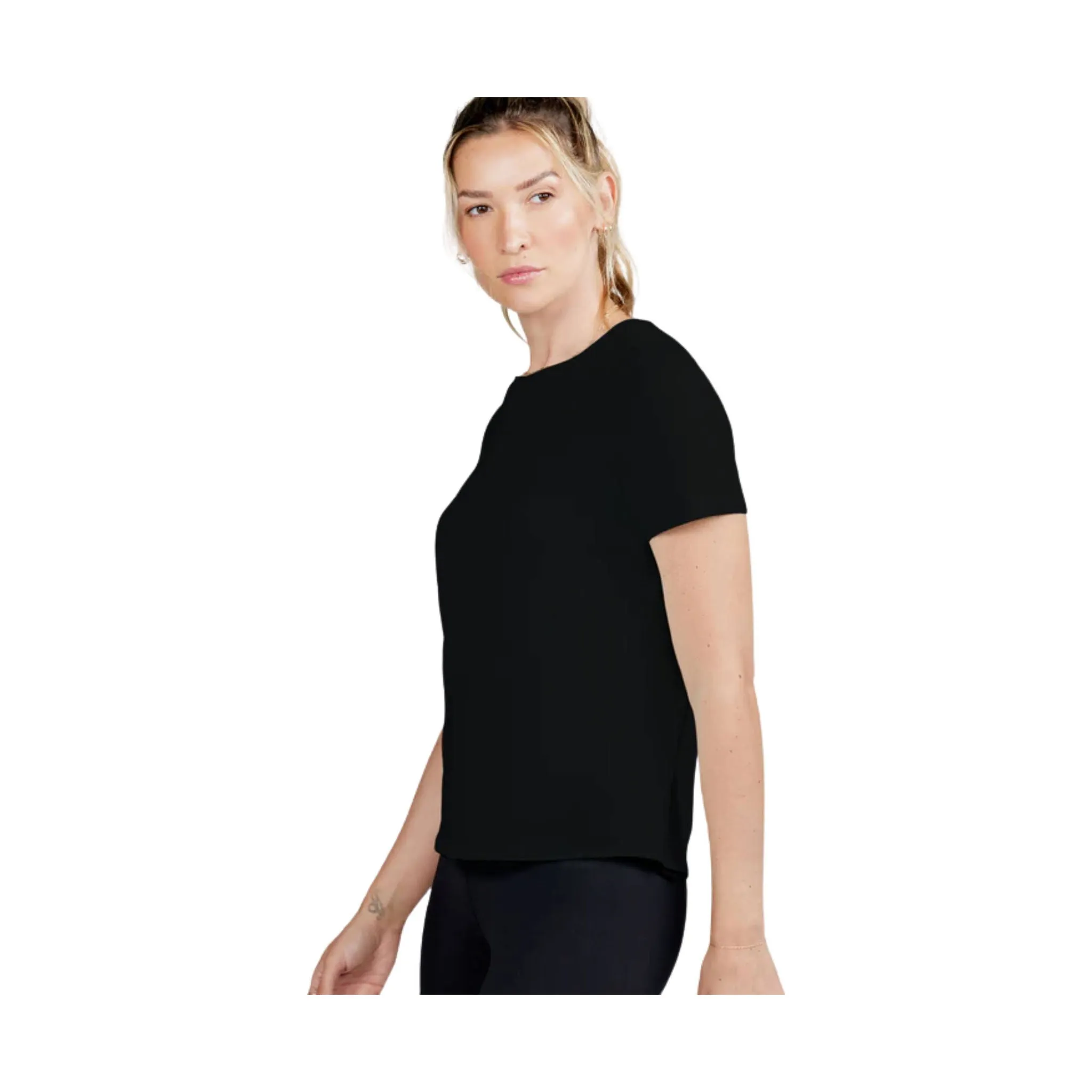 Tasc Women's All Day Short Sleeve T Shirt - Black FlexFit Technology Textured Fabric Finish