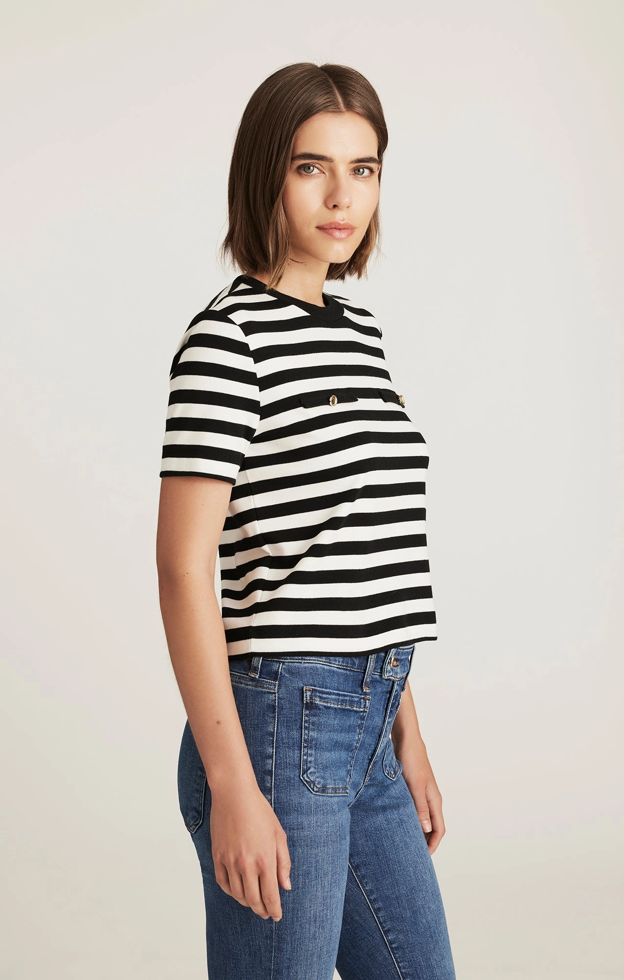 Clean Cut EDITION DOUBLE WELT POCKET T-SHIRT IN BLACK STRIPE