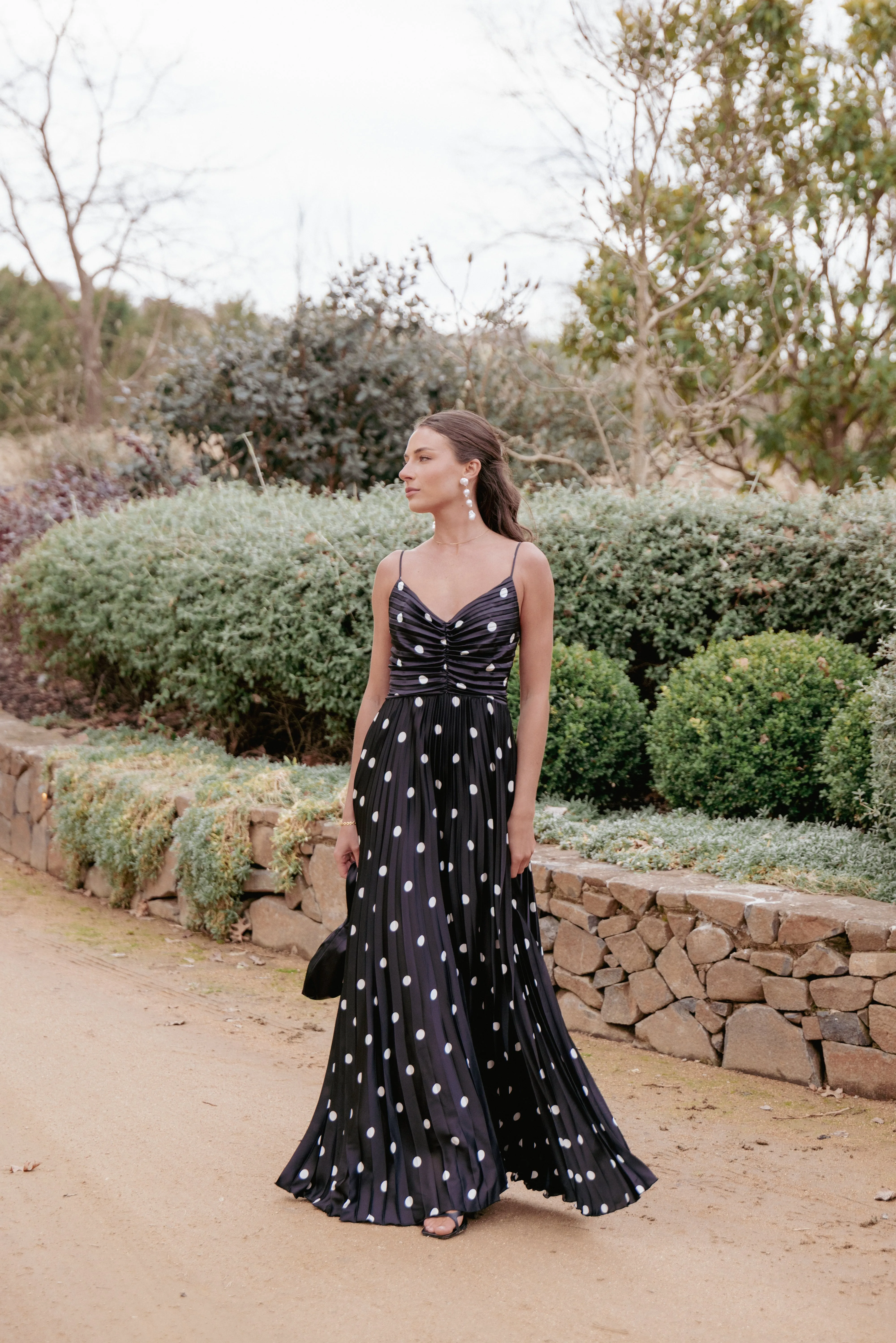 Naira Pleated Maxi Dress - Black Polka Dot Crisp Silhouette