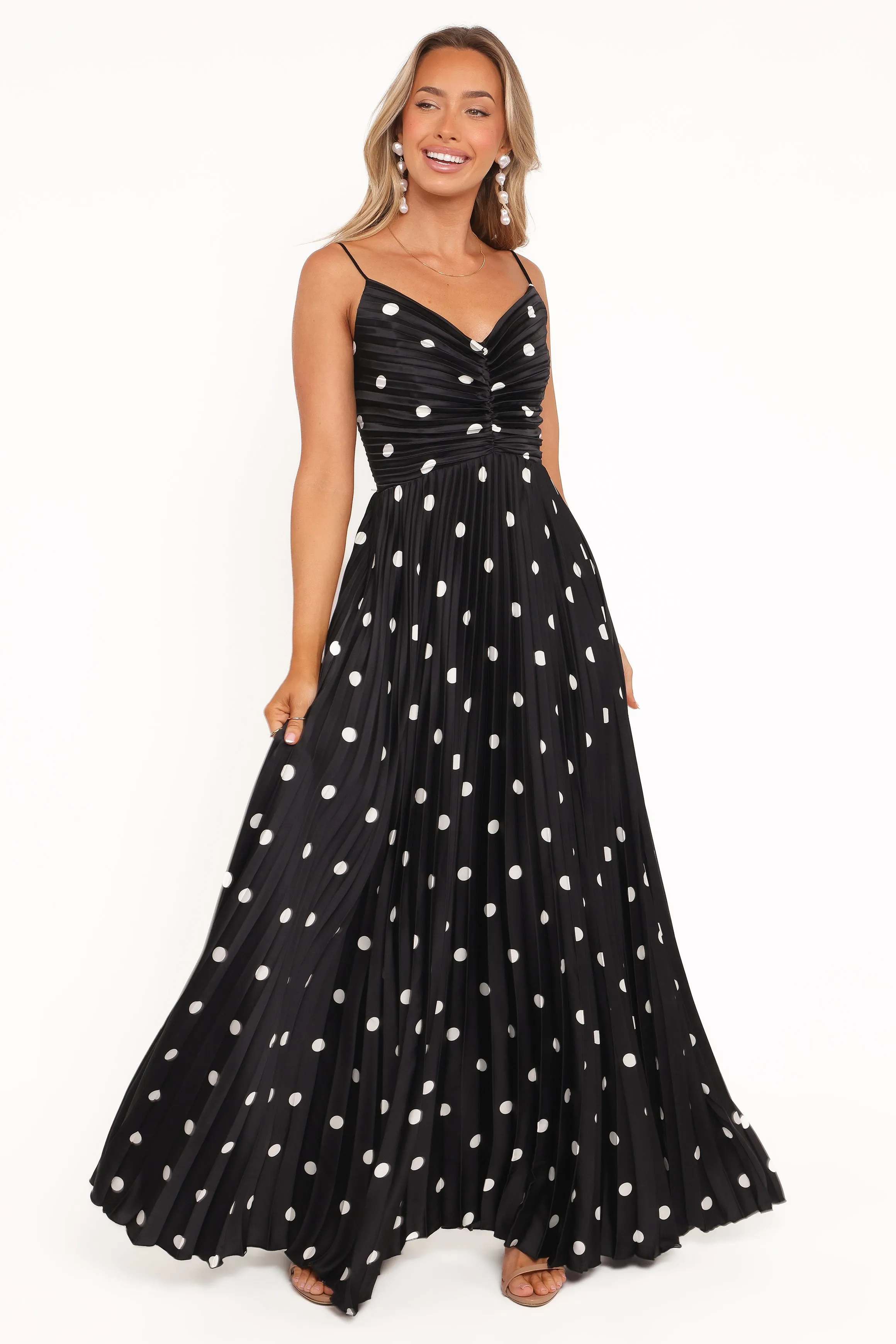 Naira Pleated Maxi Dress - Black Polka Dot elegant design urban vibe