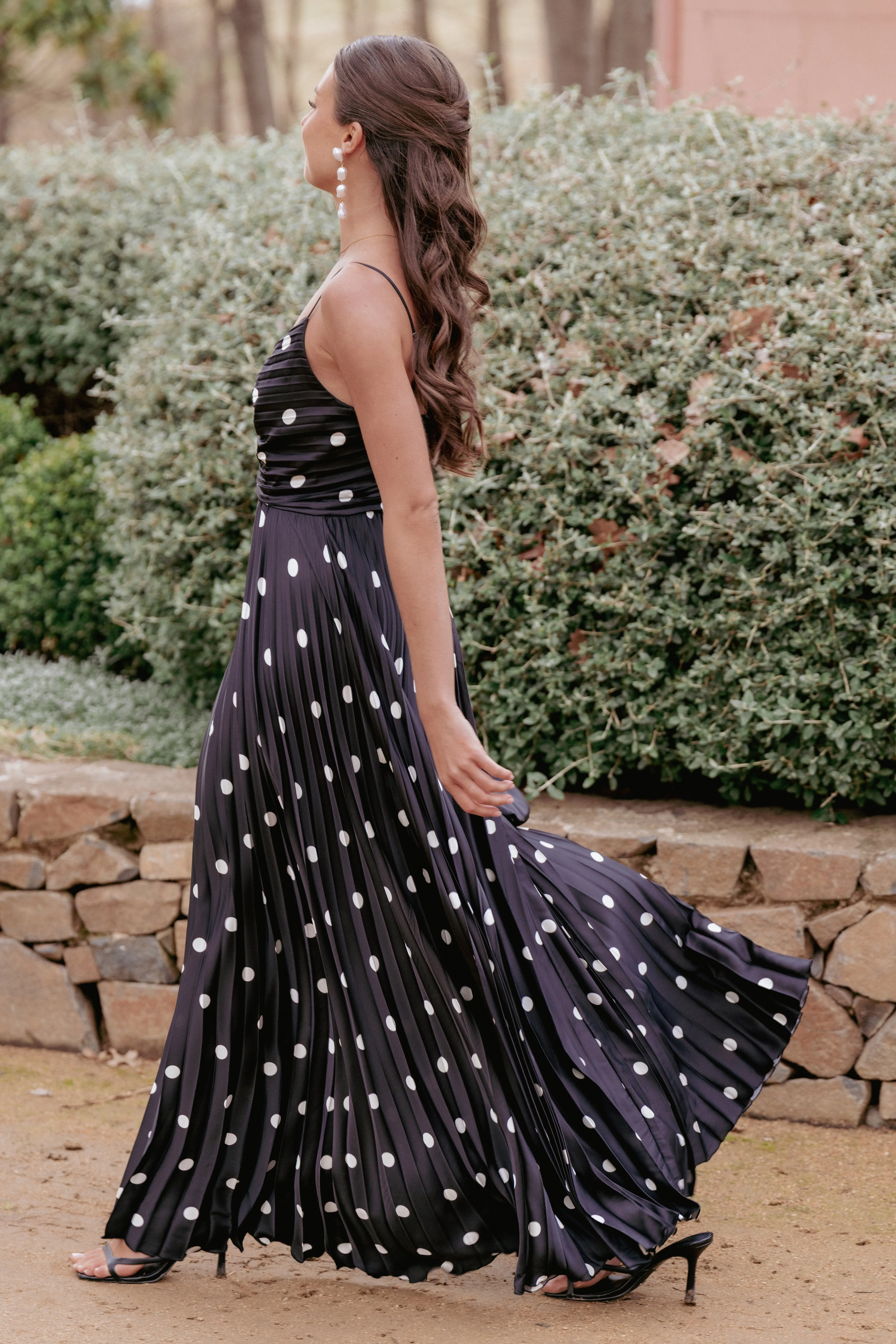 Pure Fabric Naira Pleated Maxi Dress - Black Polka Dot