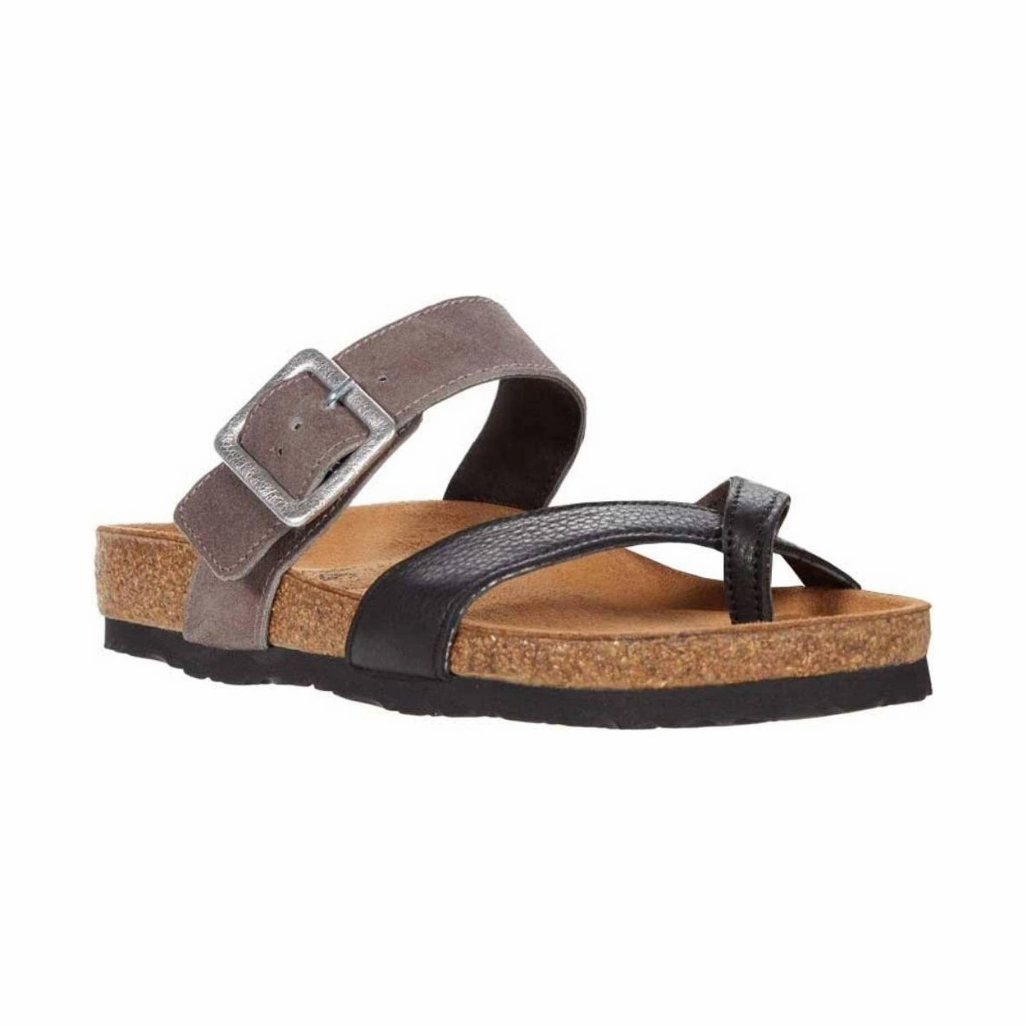 Naot Women's Fresno Sandal - Black Leather/ Taupe Gray Suede Ankle Strap Design