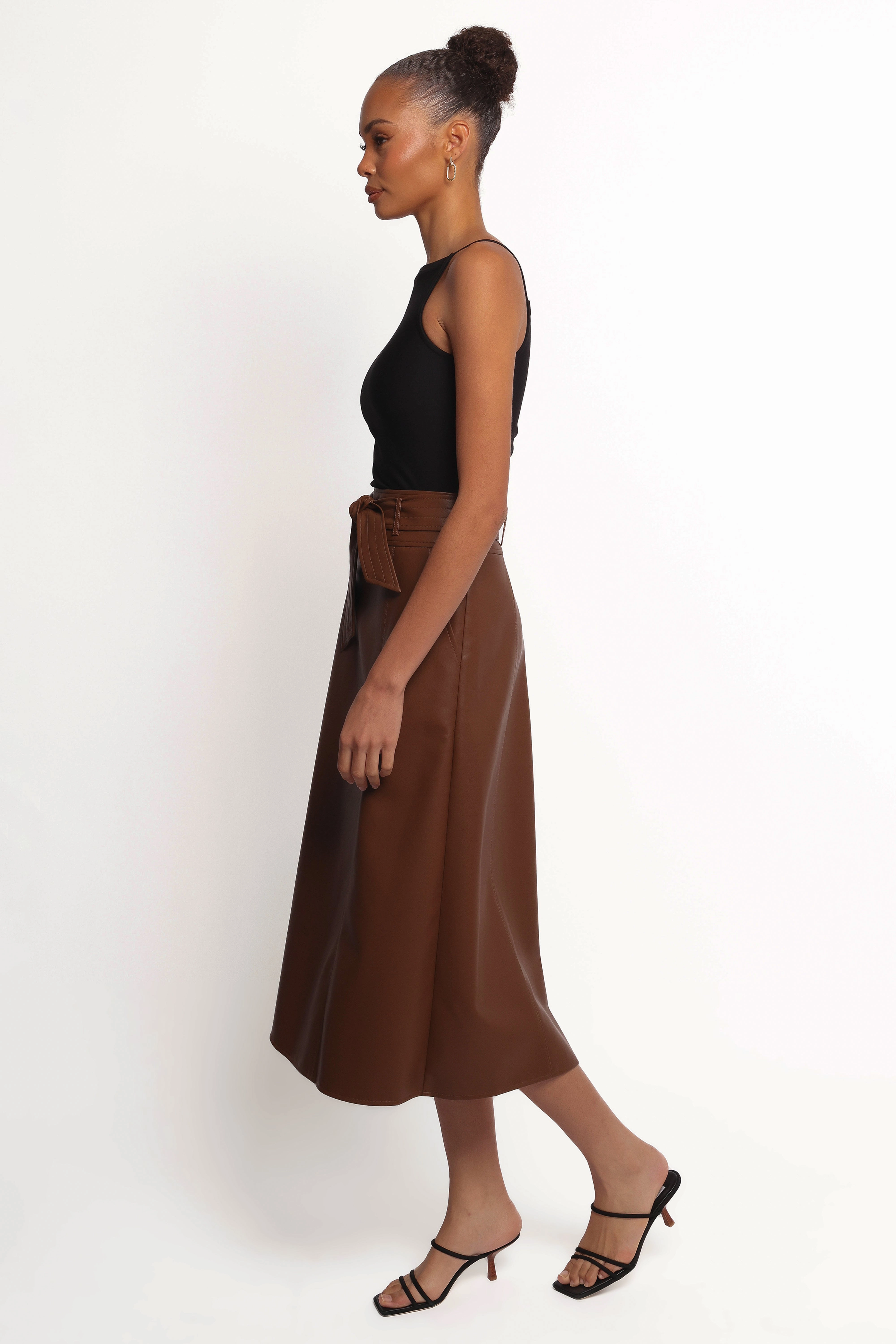 Mid Rise Adaline Faux Leather Midi Skirt - Brown