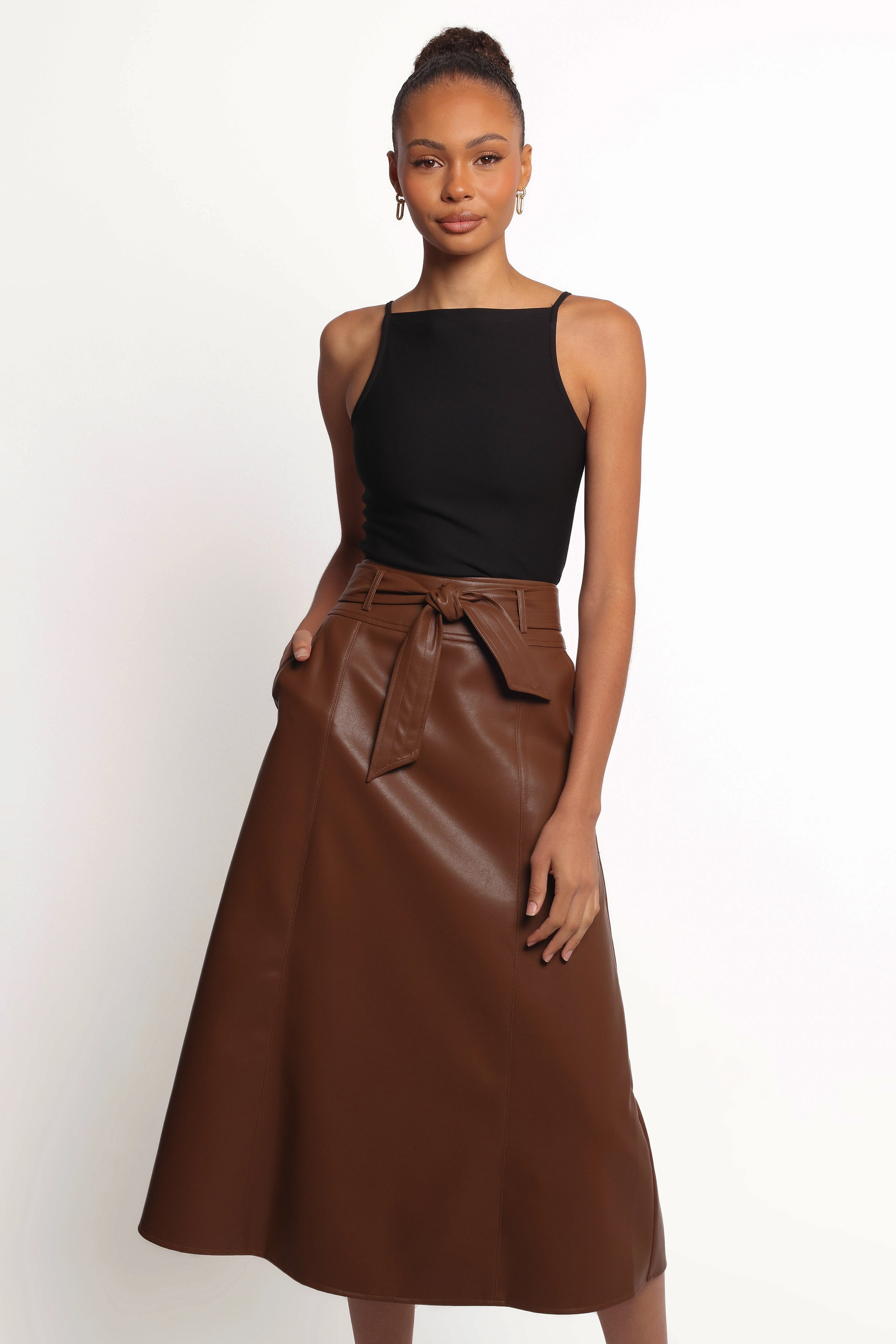 Adaline Faux Leather Midi Skirt - Brown Outfit Shot