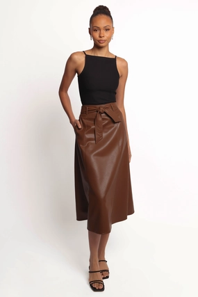 Adaline Faux Leather Midi Skirt - Brown lace accents Flexible Waistband