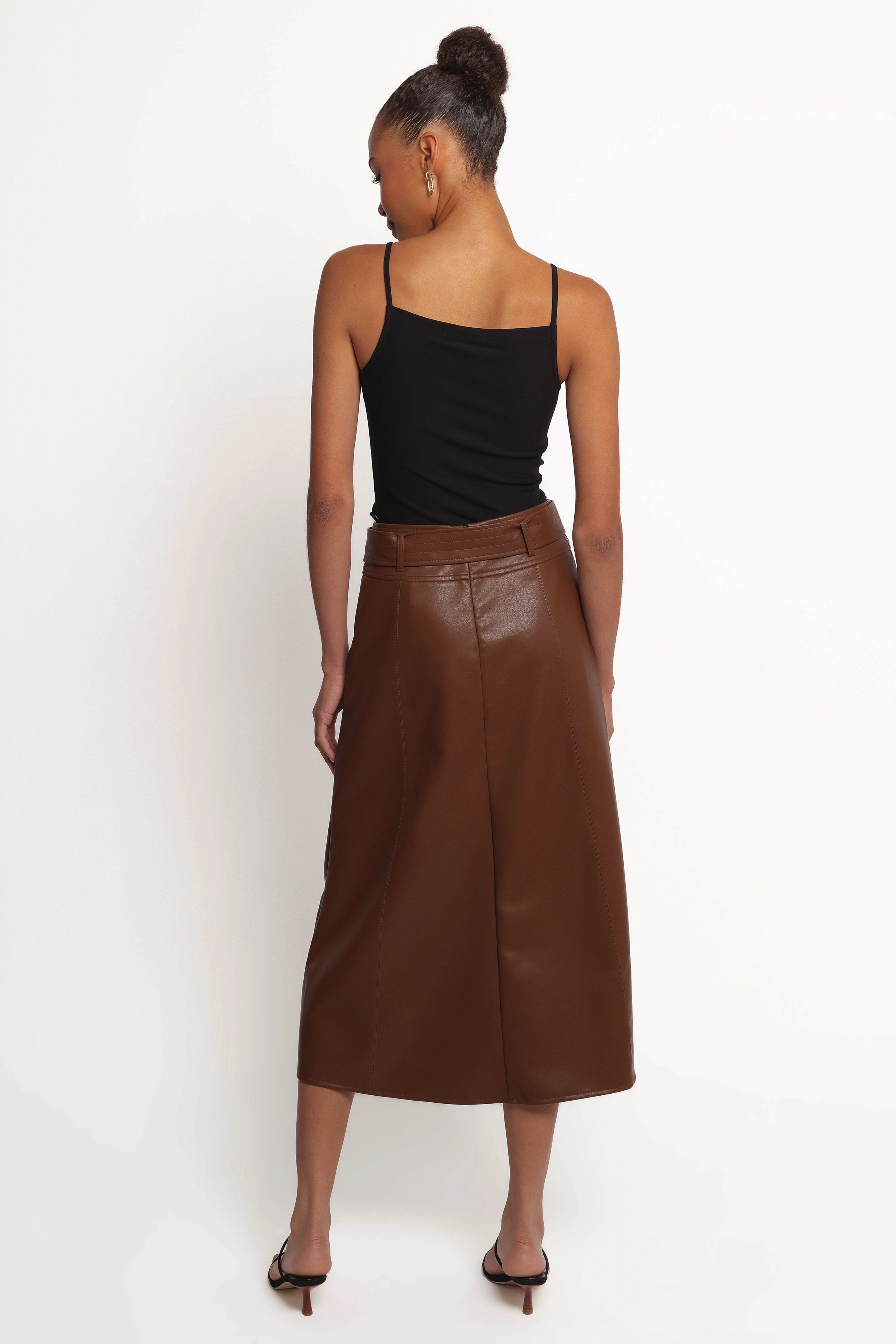Adaline Faux Leather Midi Skirt - Brown Stretchy