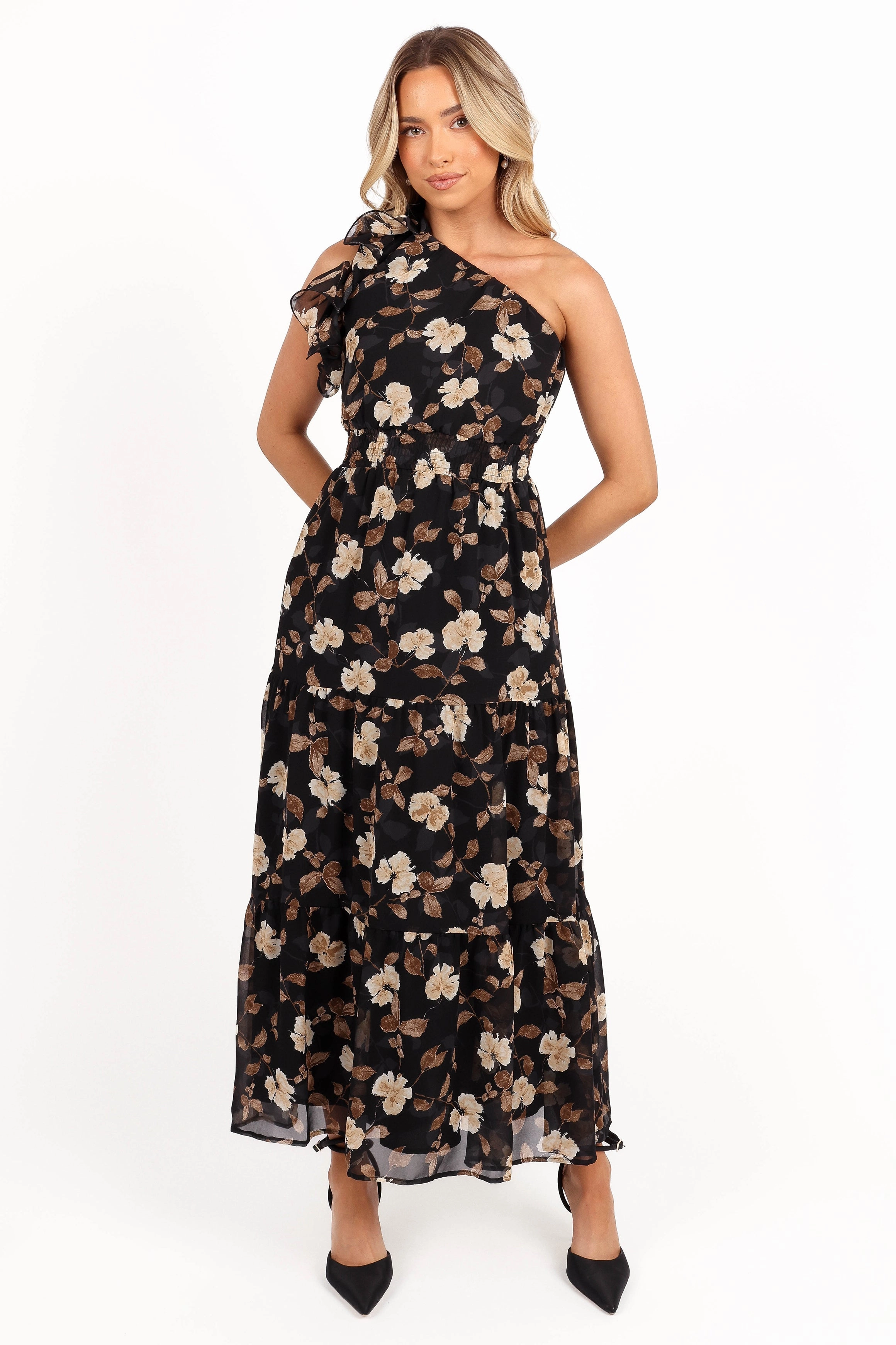 Airy Touch Layley One Shoulder Maxi Dress - Black Floral