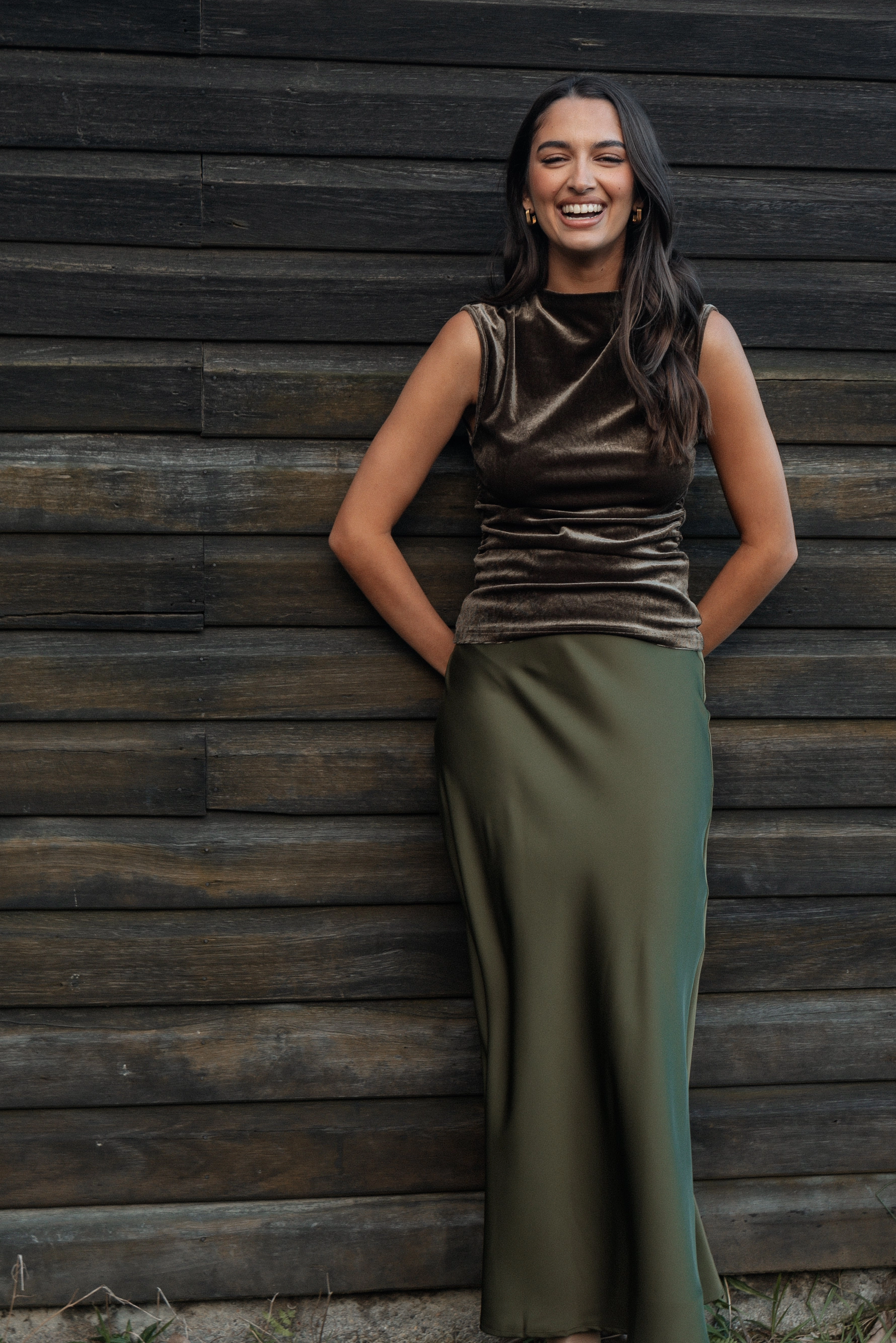 Nellie Satin Midi Skirt - Olive Seasonal Must Have