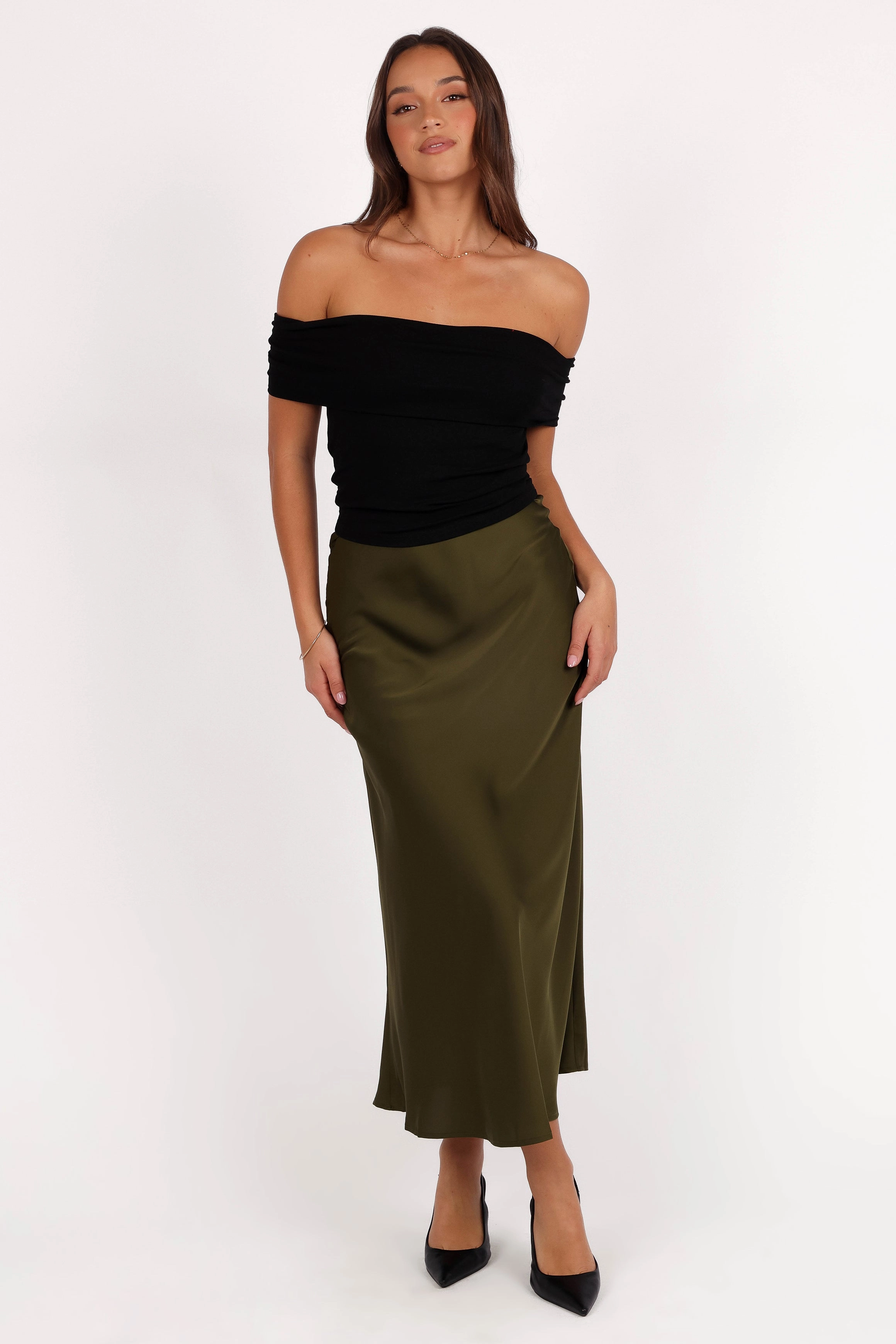 Nellie Satin Midi Skirt - Olive Breathable fabric