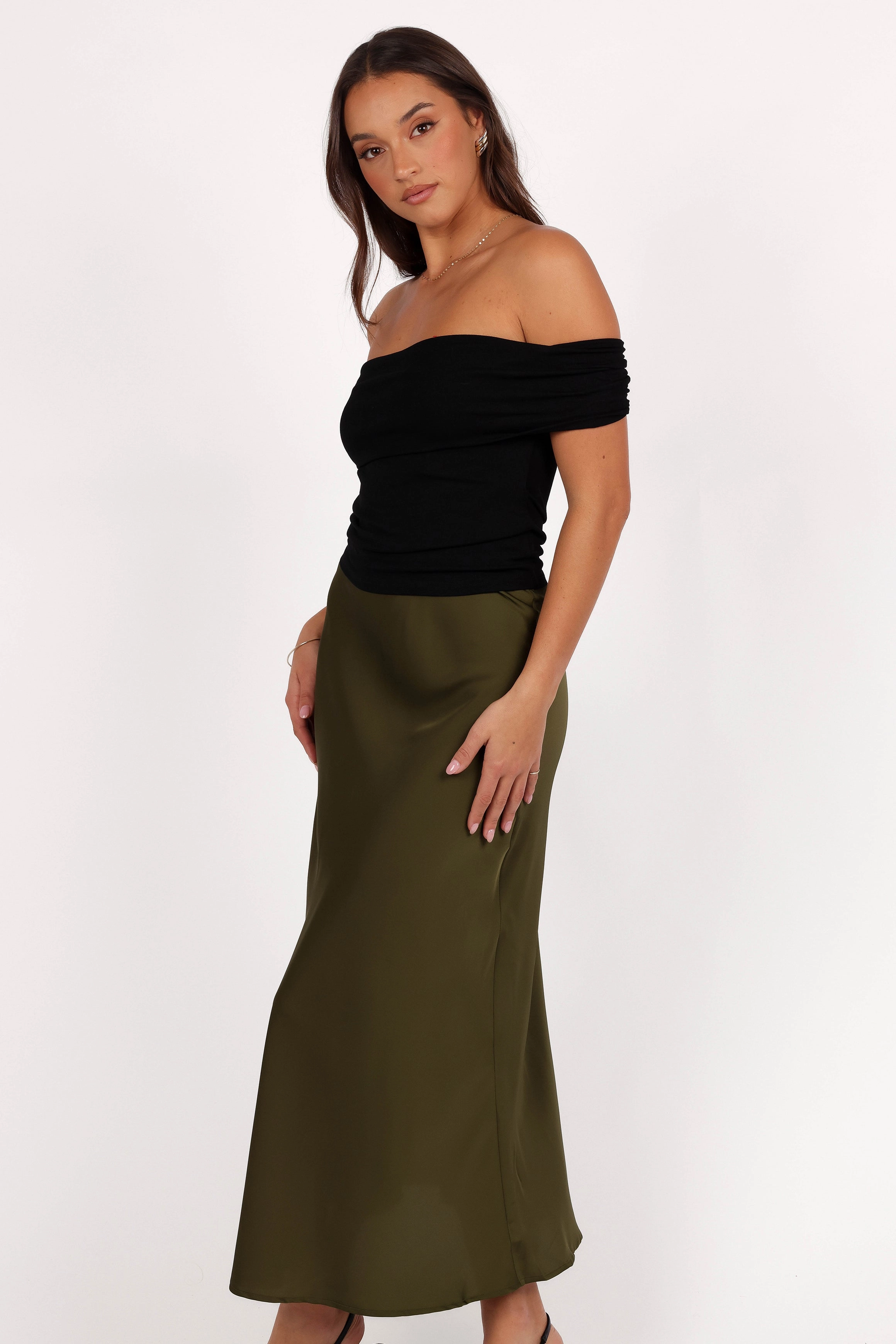 Nellie Satin Midi Skirt - Olive Urban Pulse