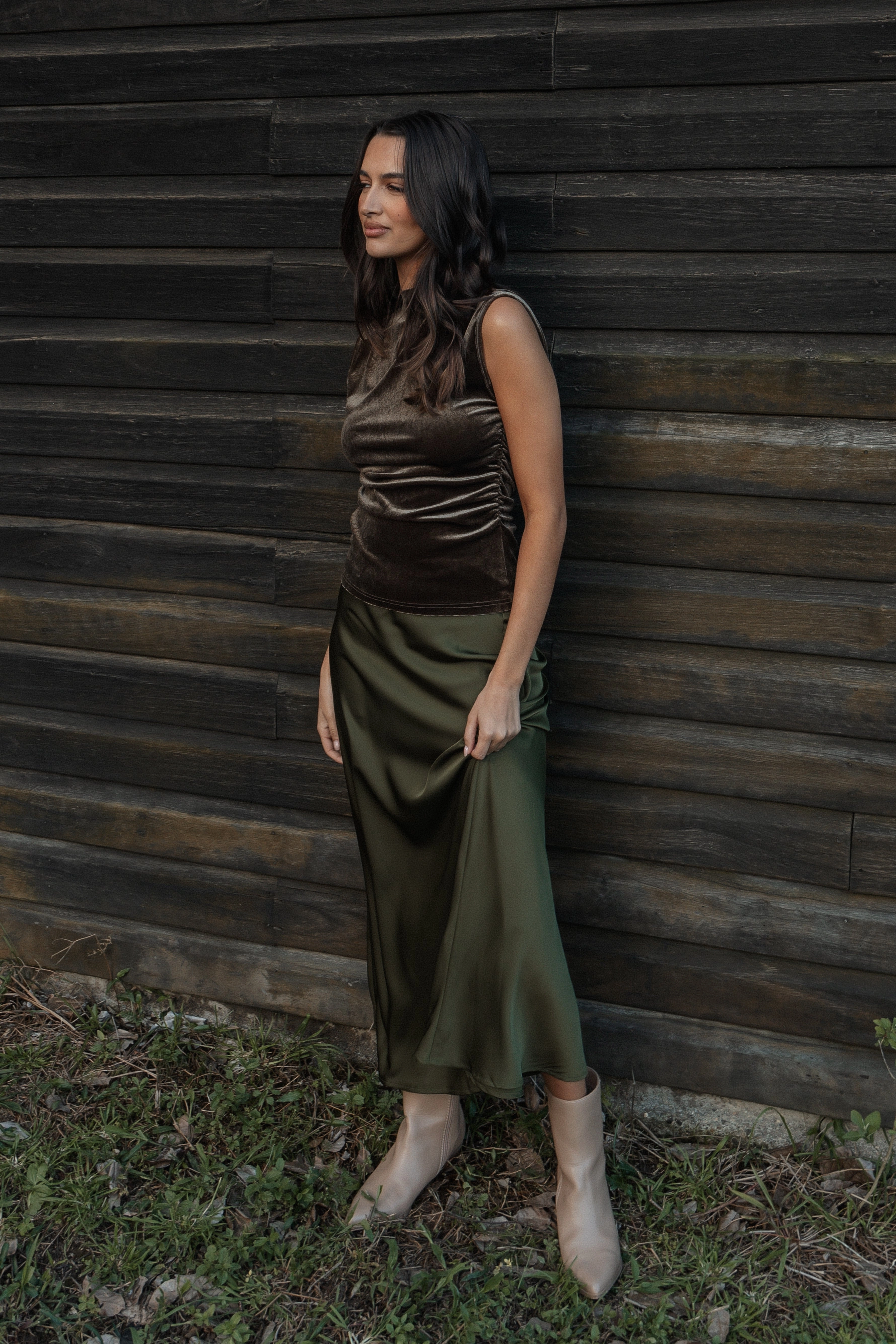 Street Attire Flexible Waistband Nellie Satin Midi Skirt - Olive