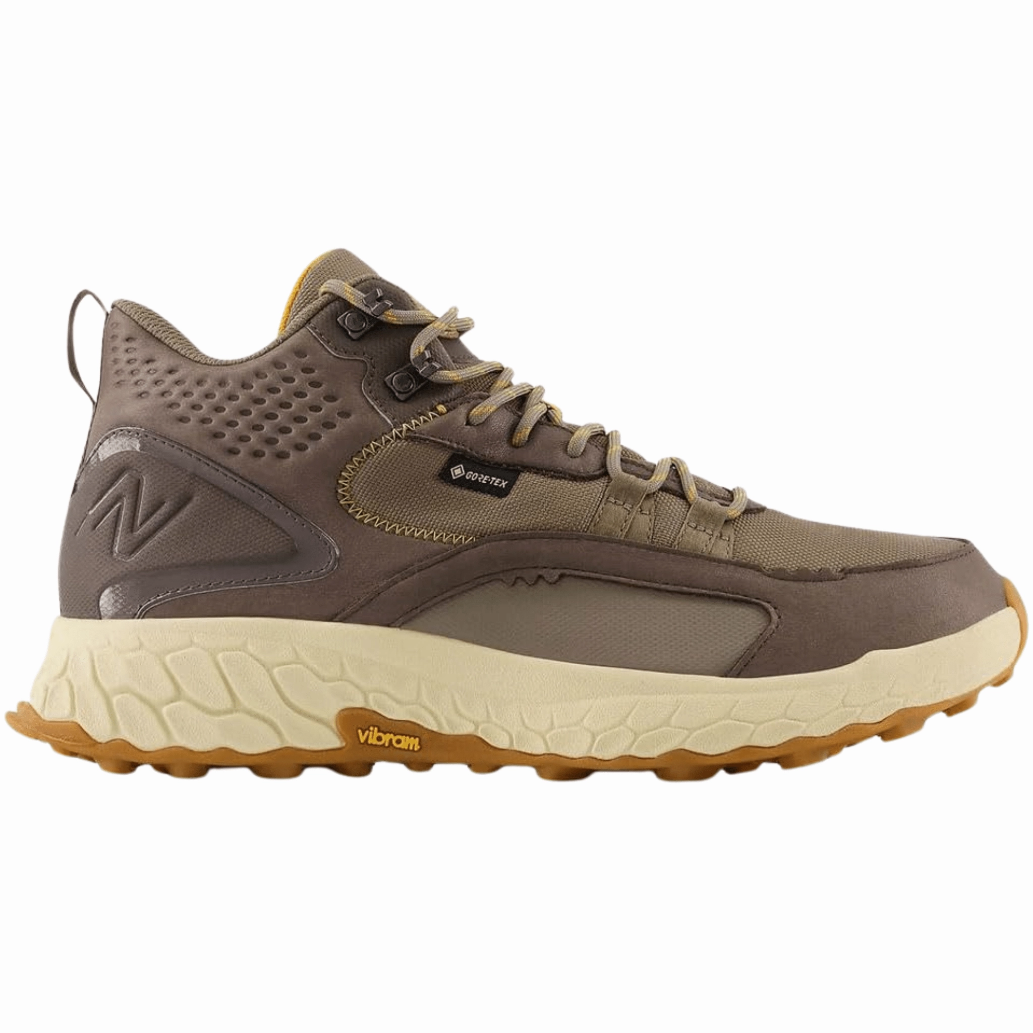 Durable TPR Outsole Compression Fit Lining New Balance Men's Fresh Foam X Hierro Mid GTX Hikers - Wren/Bungee/Golden Hour
