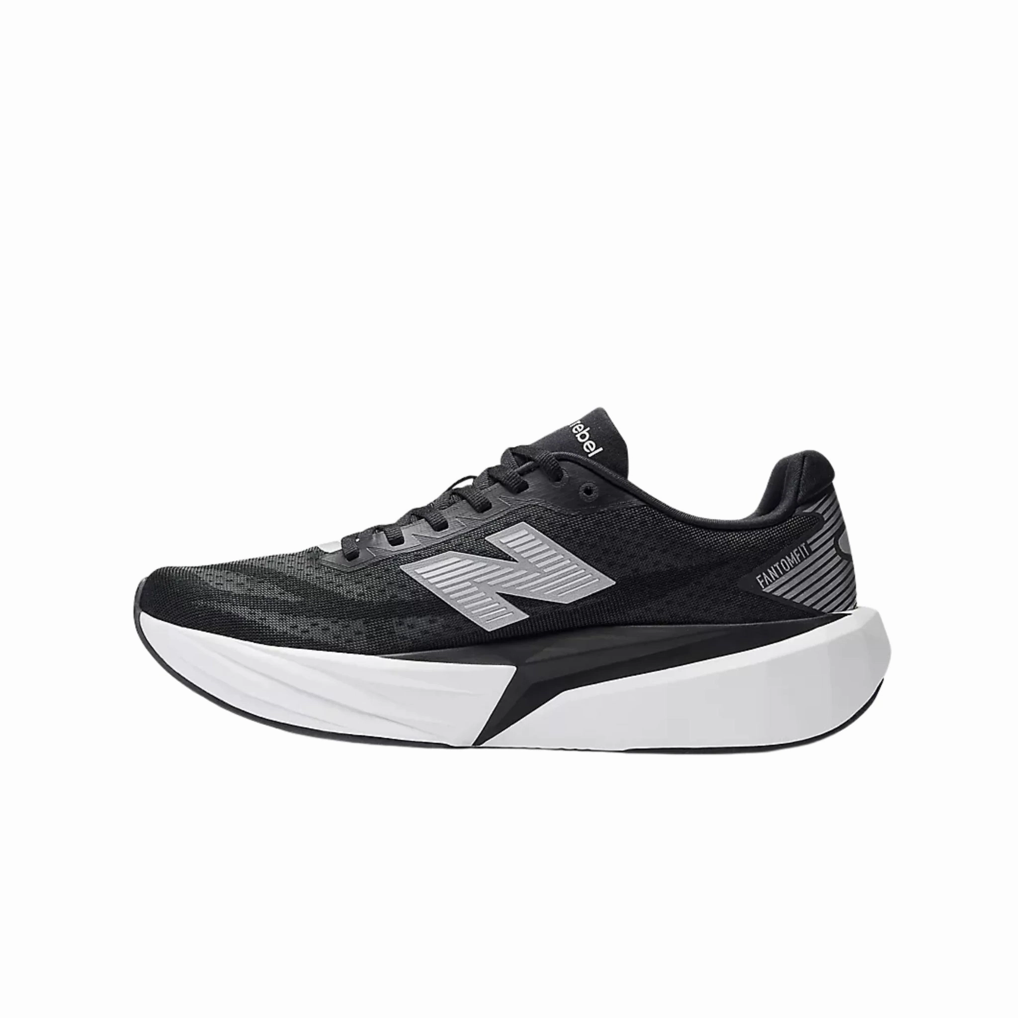 New Balance Men's FuelCell Rebel v5 Running Shoes - Black with NB 103 White Leather Upper Stitchless Seams