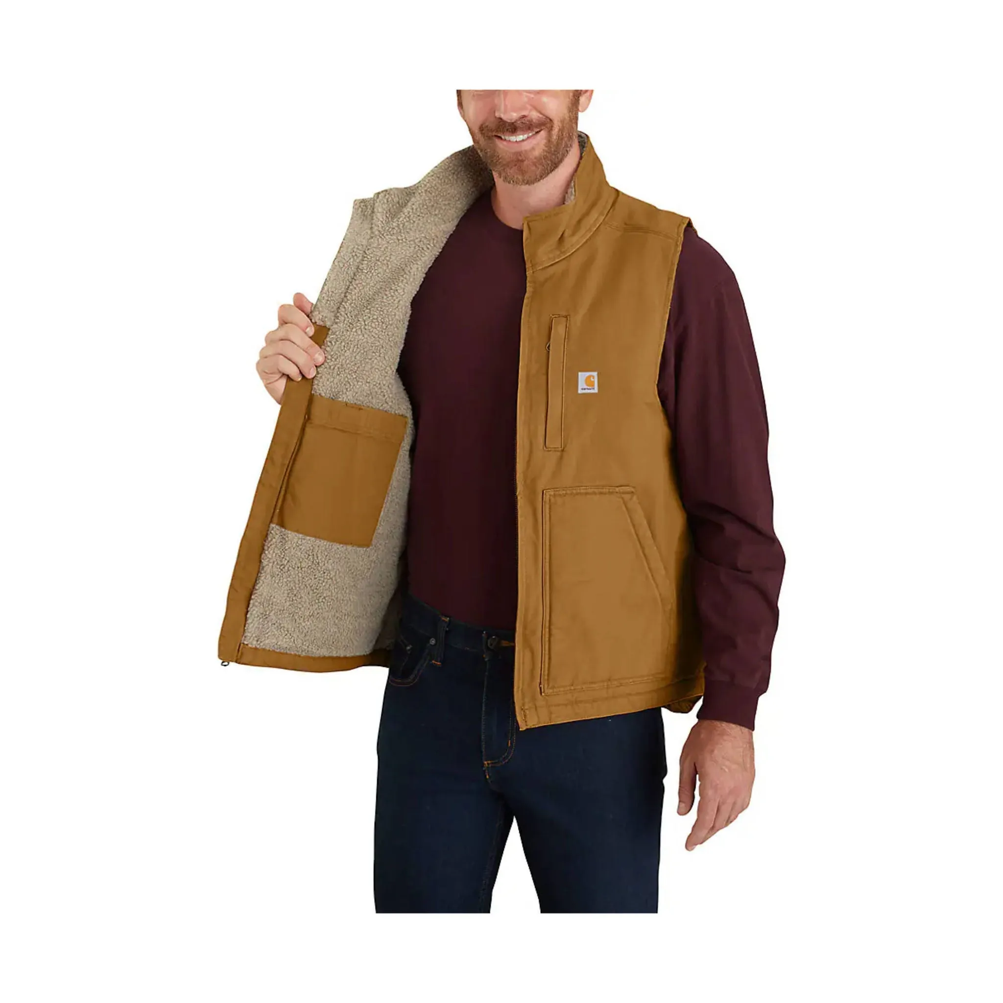 Ergonomic Silhouette Hike Fit Carhartt Men's Mock Neck Sherpa Lined Loose Fit Washed Duck Vest - Carhartt Brown
