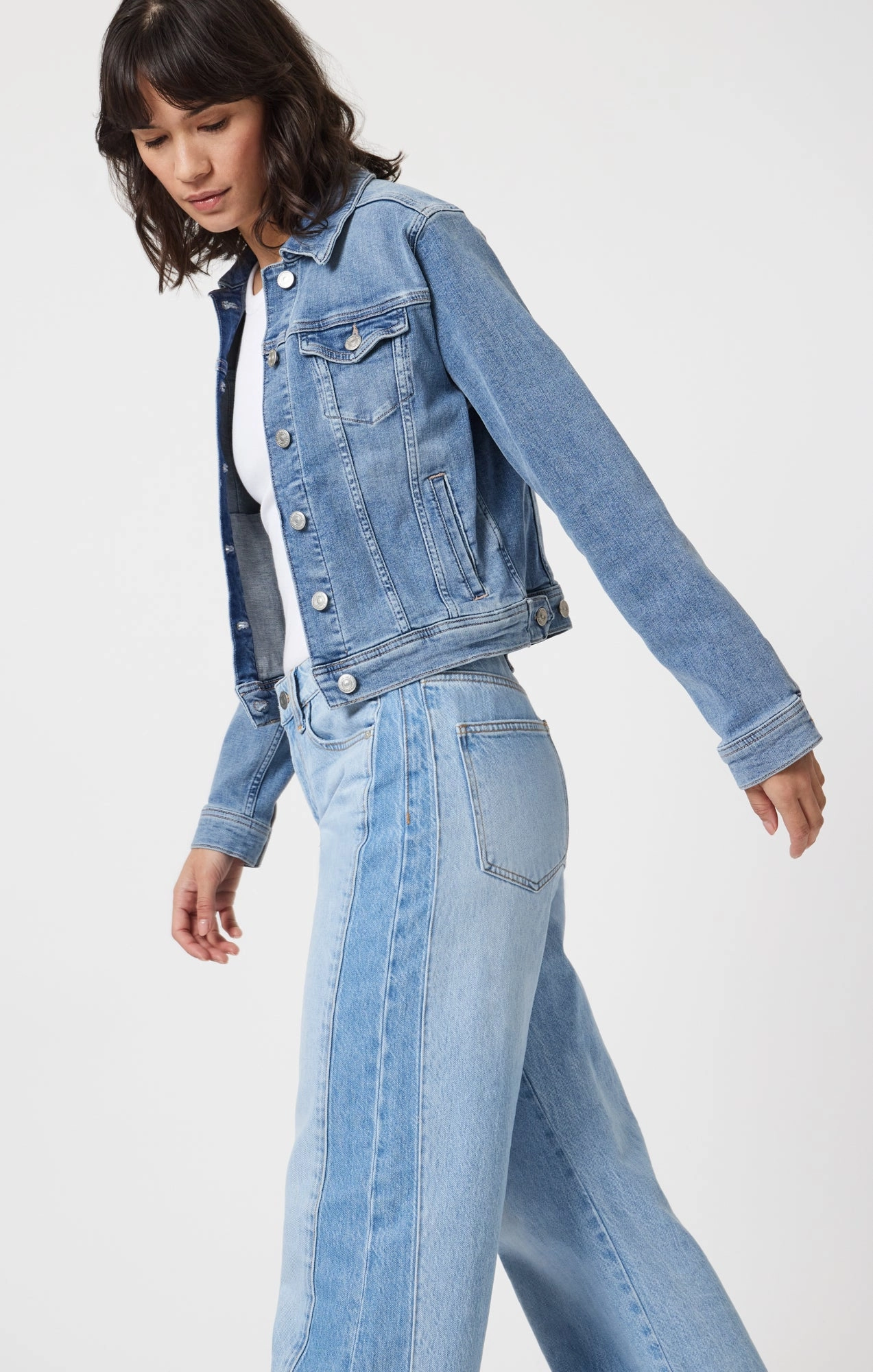 CECILIA DENIM JACKET IN LIGHT BRUSHED FLEX BLUE Silicone Grip Trim Stretch Paneling