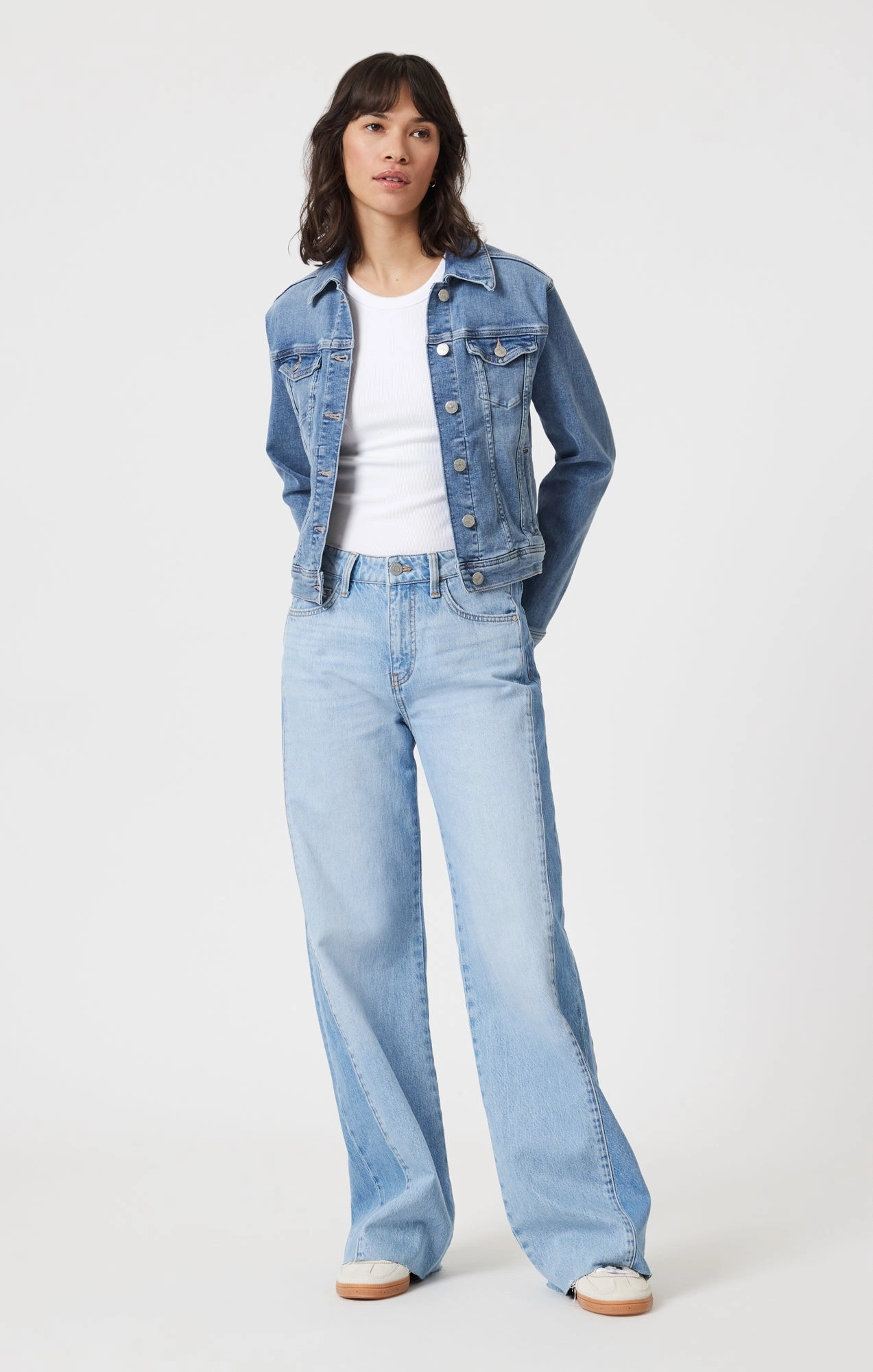CECILIA DENIM JACKET IN LIGHT BRUSHED FLEX BLUE Odor Resistant Lining Bonded Seam Technology