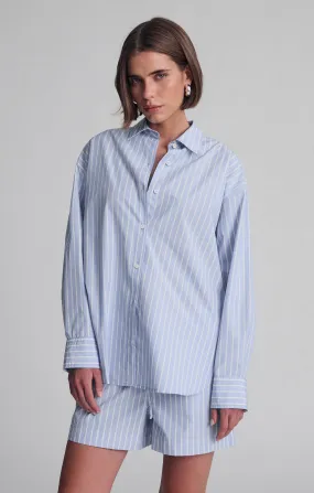 LONG SLEEVE BUTTON-UP SHIRT IN BLUE STRIPE Stylish Comfort Abstract print