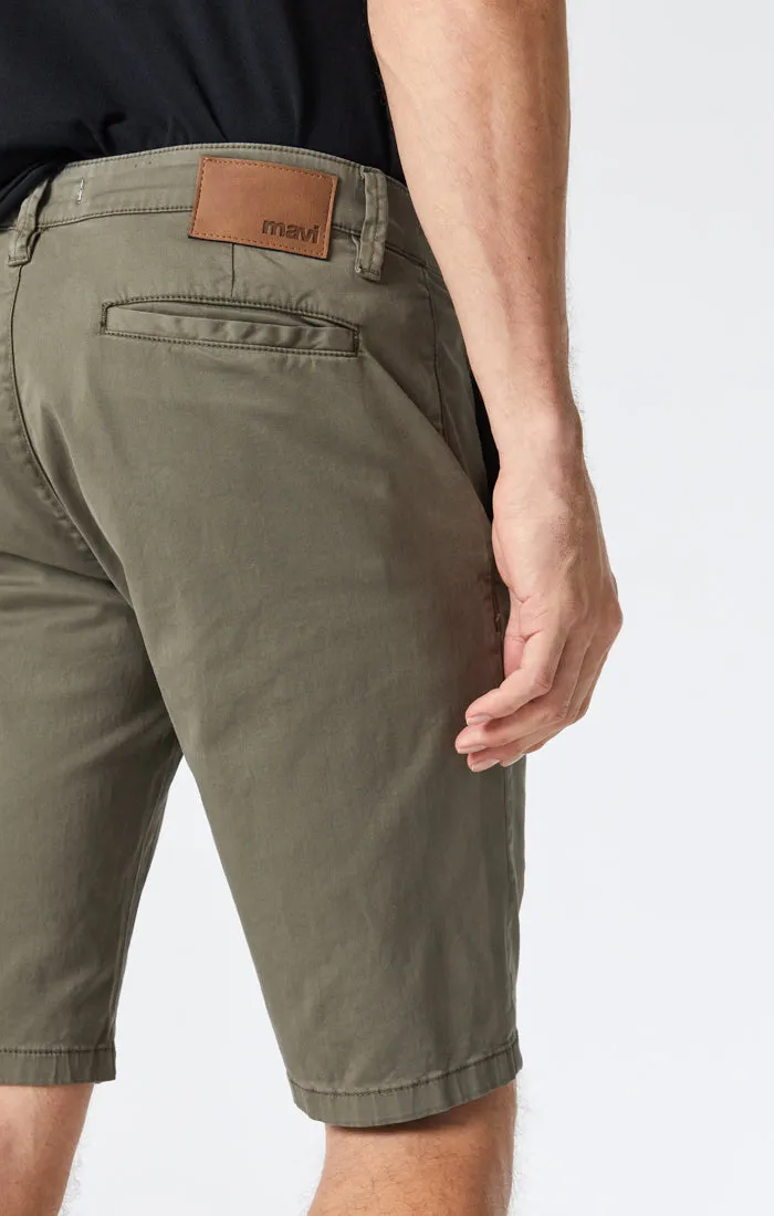 JACOB SHORTS IN DUSTY OLIVE SATEEN TWILL Multi Directional Flex Contoured Cuff Design