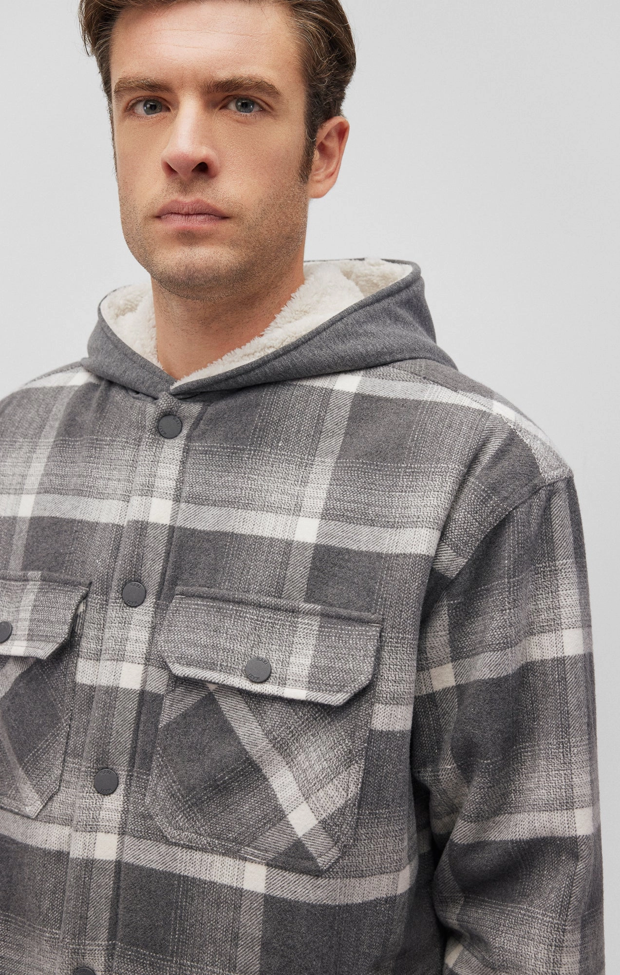 PLAID HOODED SHACKET IN BLACK CHECK Eco Friendly Recycled Material