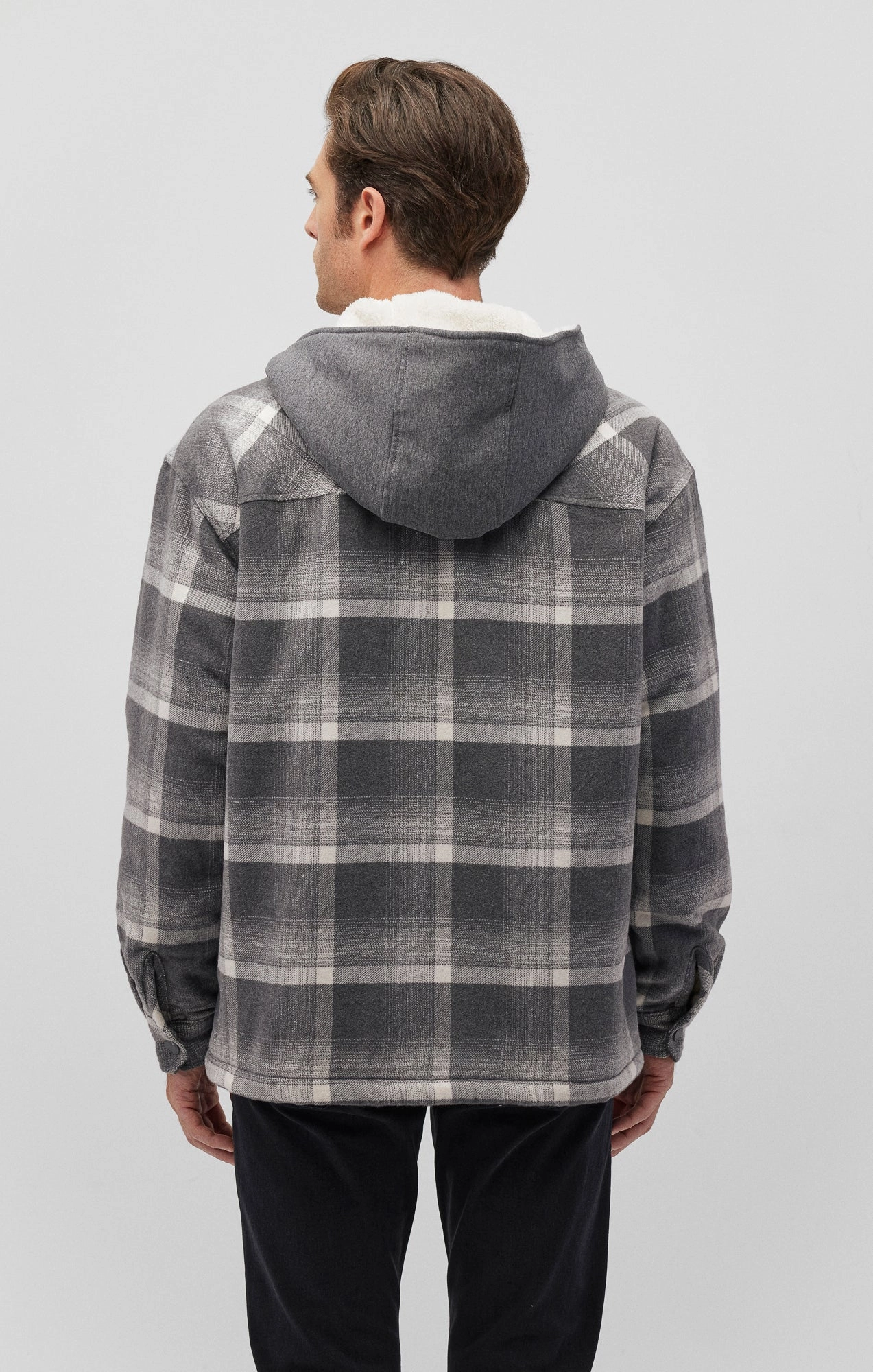 PLAID HOODED SHACKET IN BLACK CHECK Tapered Hem Adjustable Hem Cords