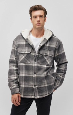 AntiStaticFinish PLAID HOODED SHACKET IN BLACK CHECK