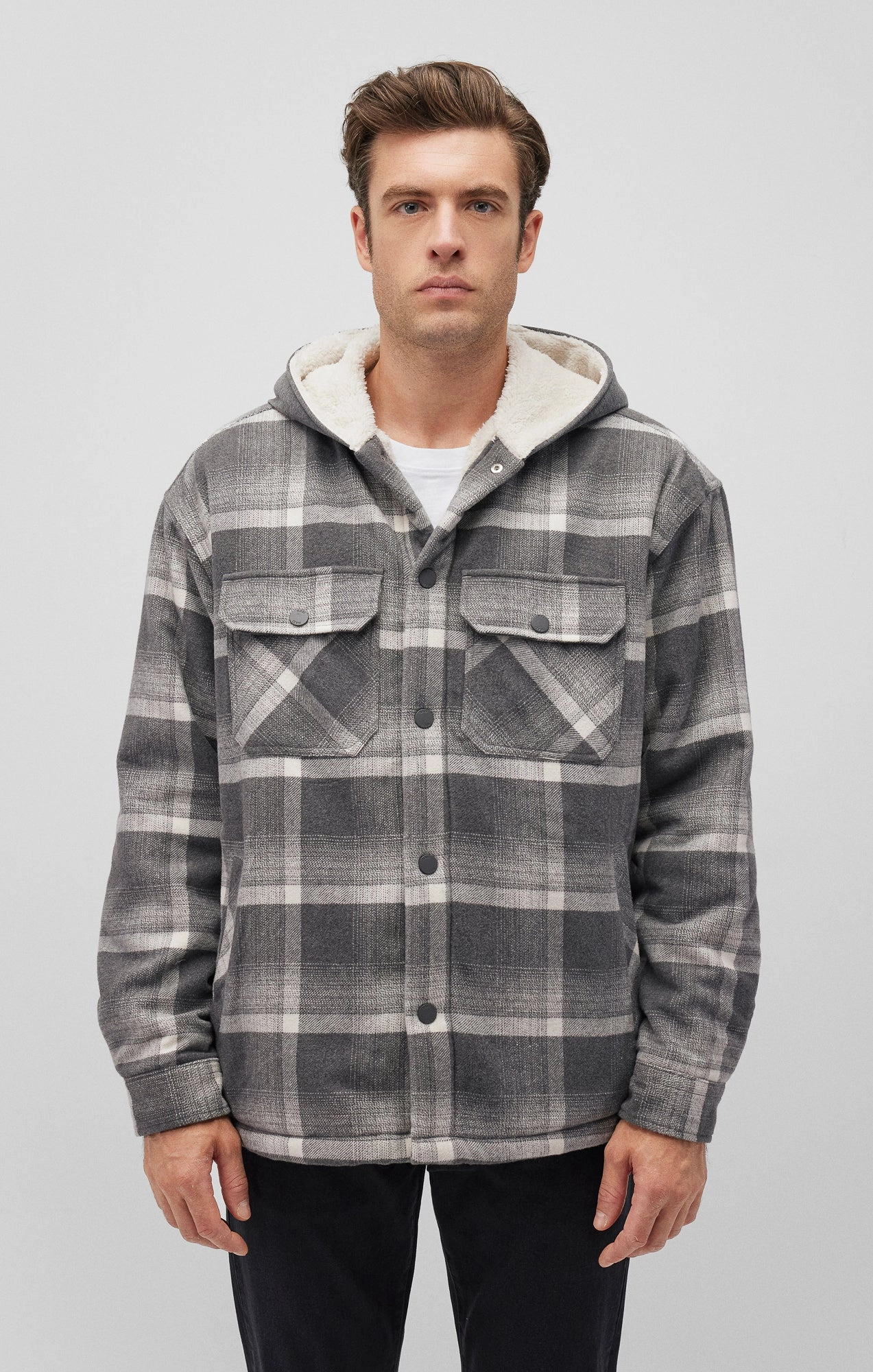 PLAID HOODED SHACKET IN BLACK CHECK Water Resistant Fabric High Visibility Trim