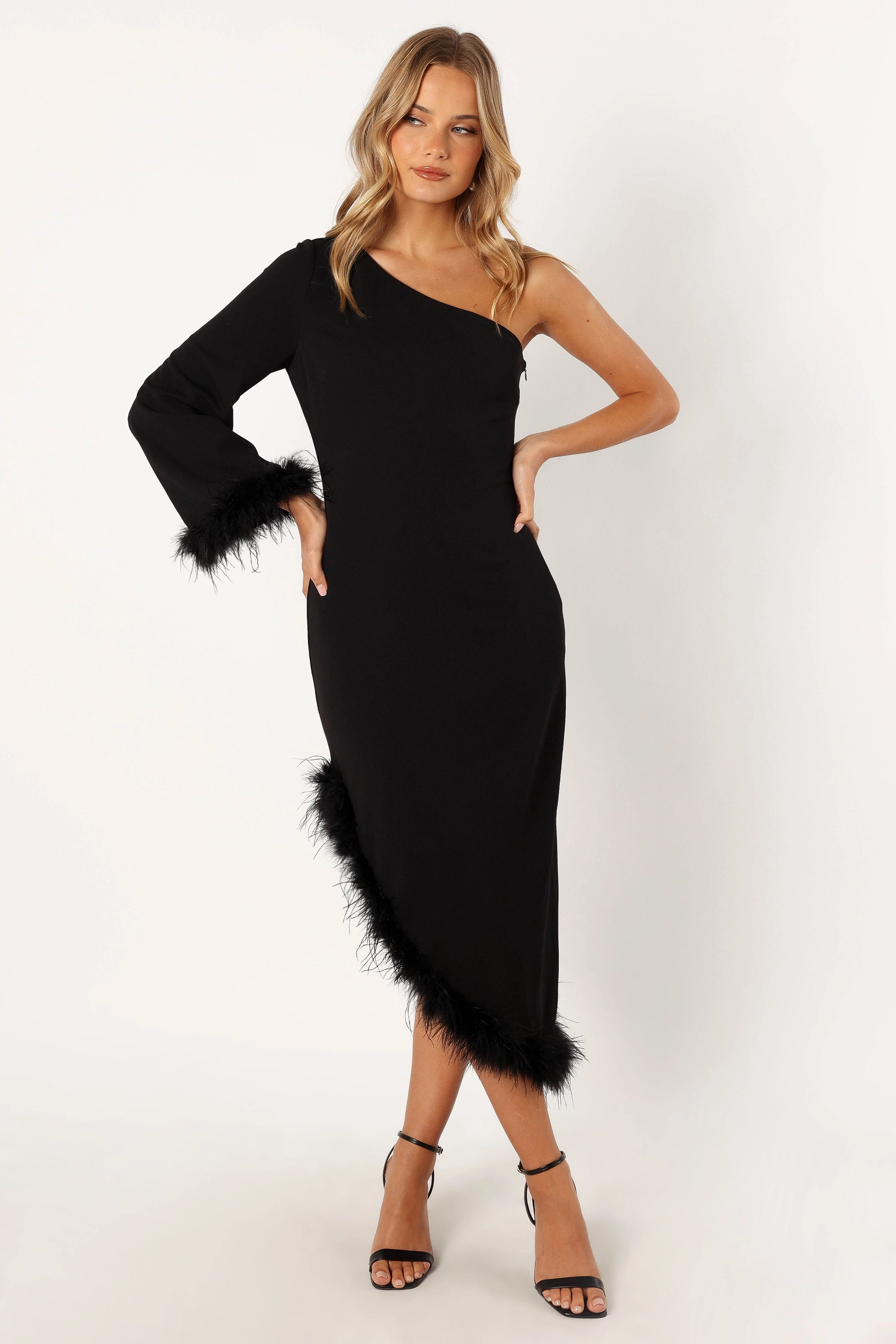 Dame One Shoulder Feather Midi Dress - Black Perfectly Styled