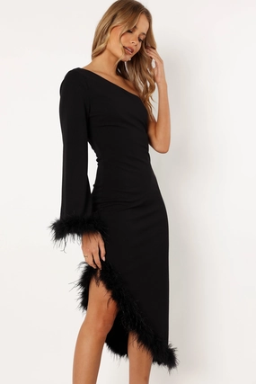 Dame One Shoulder Feather Midi Dress - Black Designer-Label
