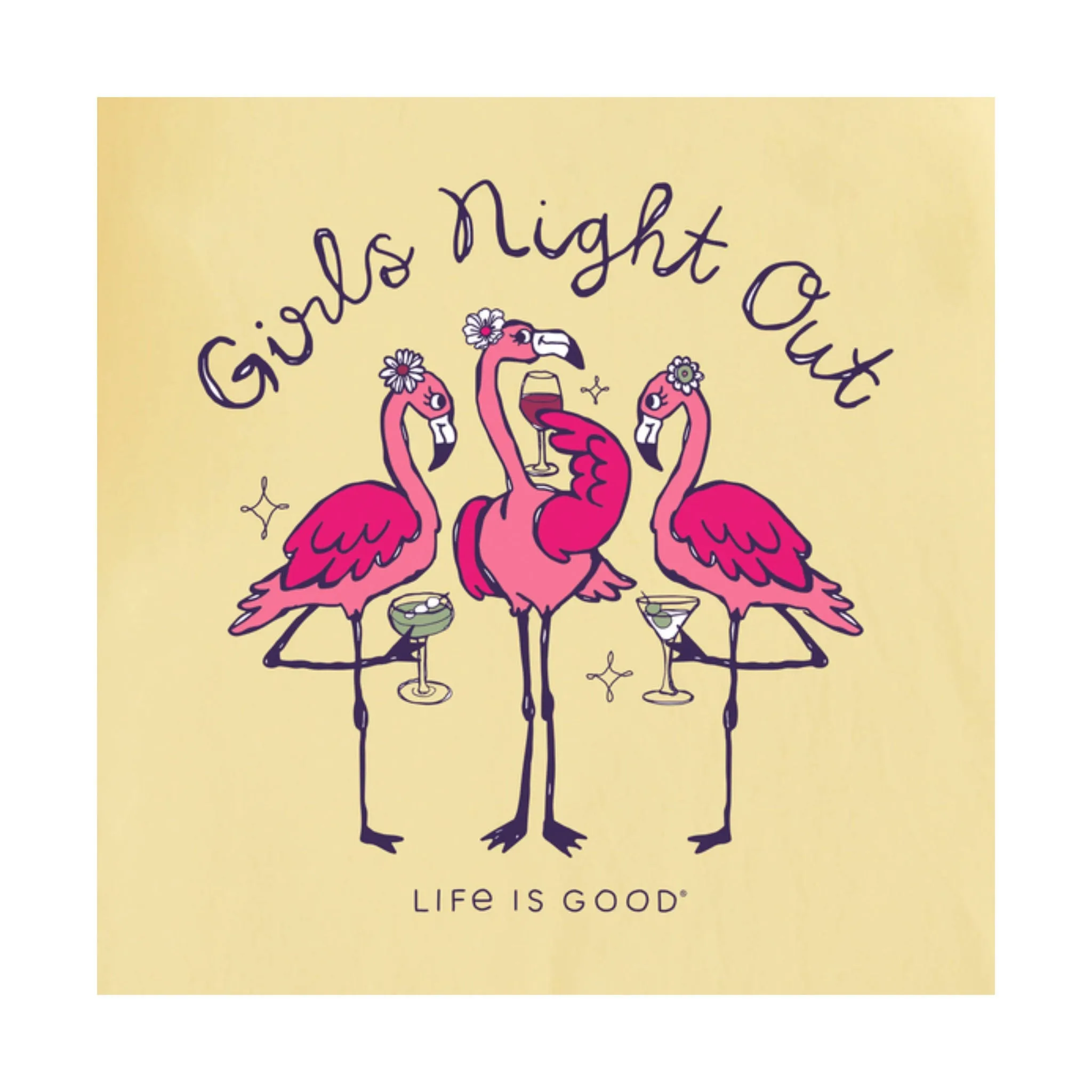 CompressionFit Life Is Good Women's Girls Night Out Flamingo Short Sleeve Tee - Sandy Yellow