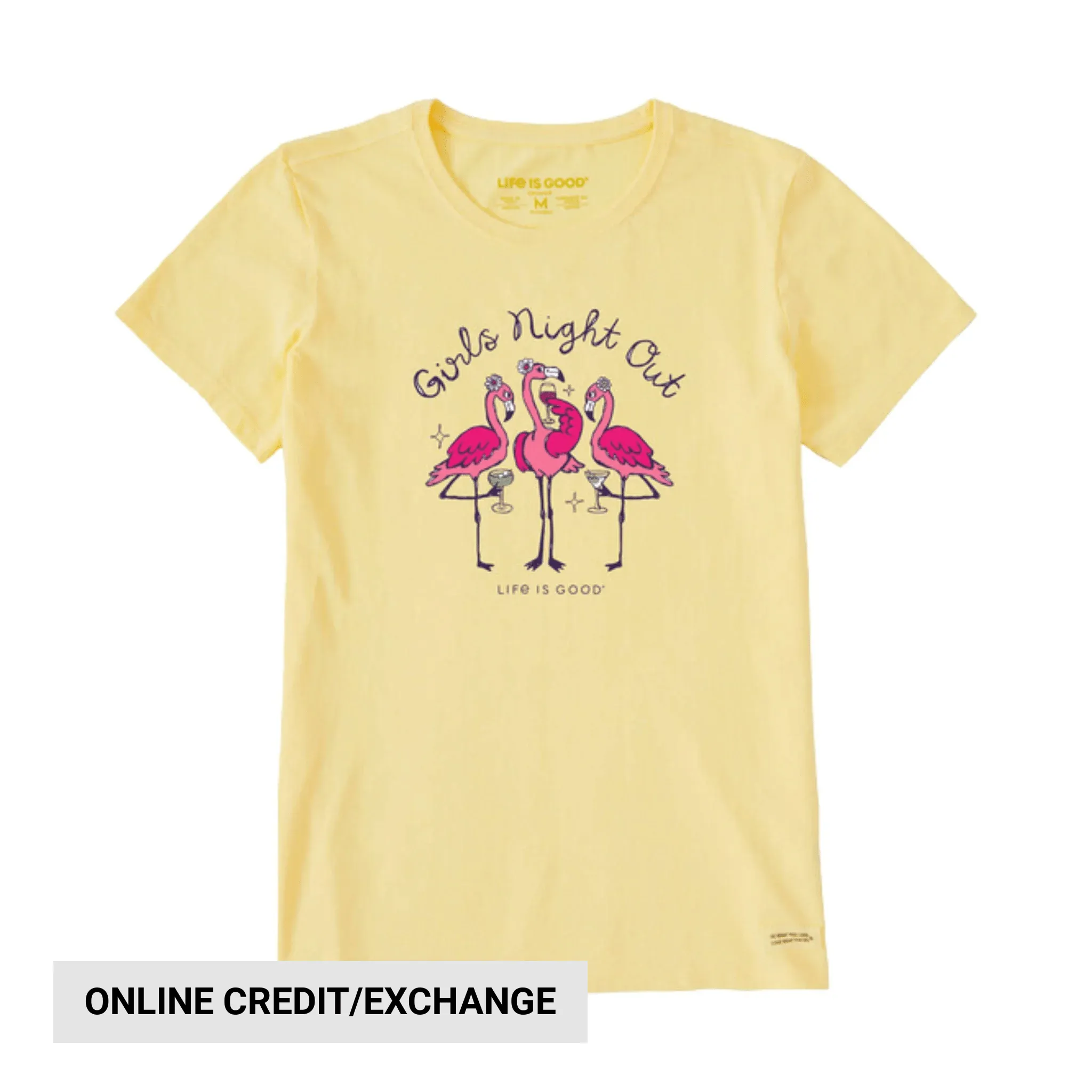 Life Is Good Women's Girls Night Out Flamingo Short Sleeve Tee - Sandy Yellow NonIrritatingSeams MinimalistDesign