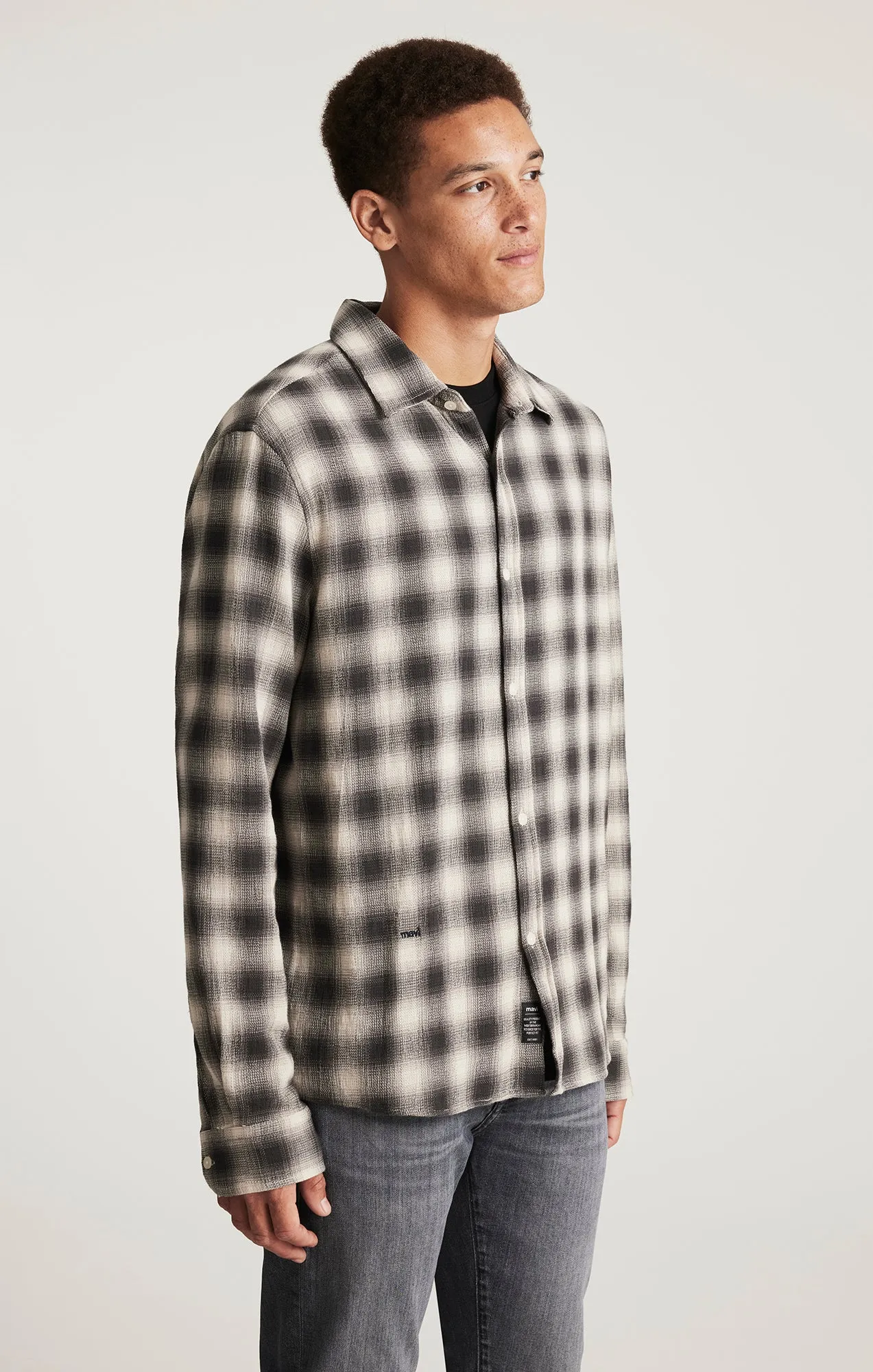 PLAID LONG SLEEVE BUTTON-UP SHIRT IN ASPHALT CHECK Non Irritating Seams Polished Look