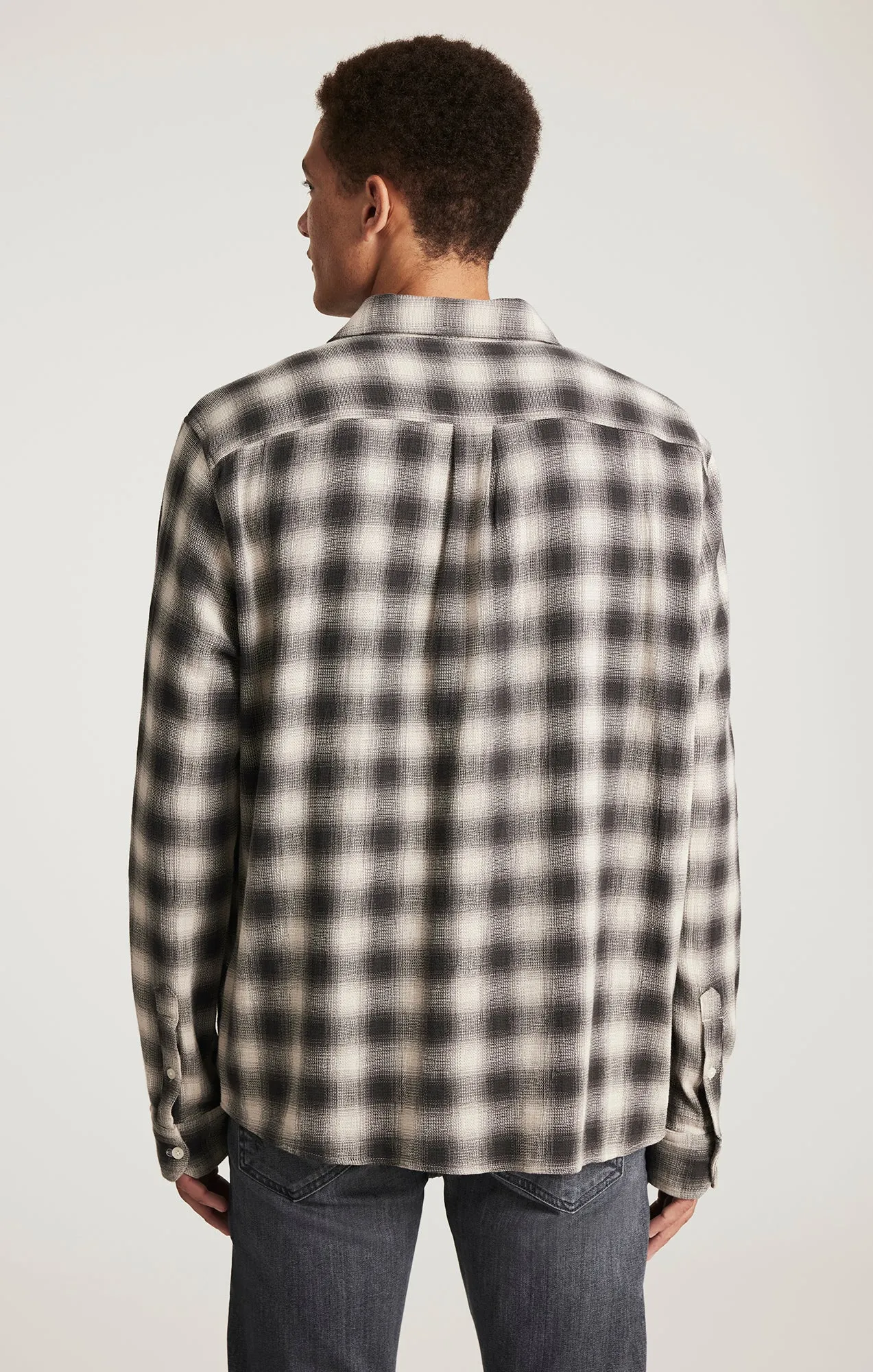 PLAID LONG SLEEVE BUTTON-UP SHIRT IN ASPHALT CHECK Earthy Palette Mature Elegance