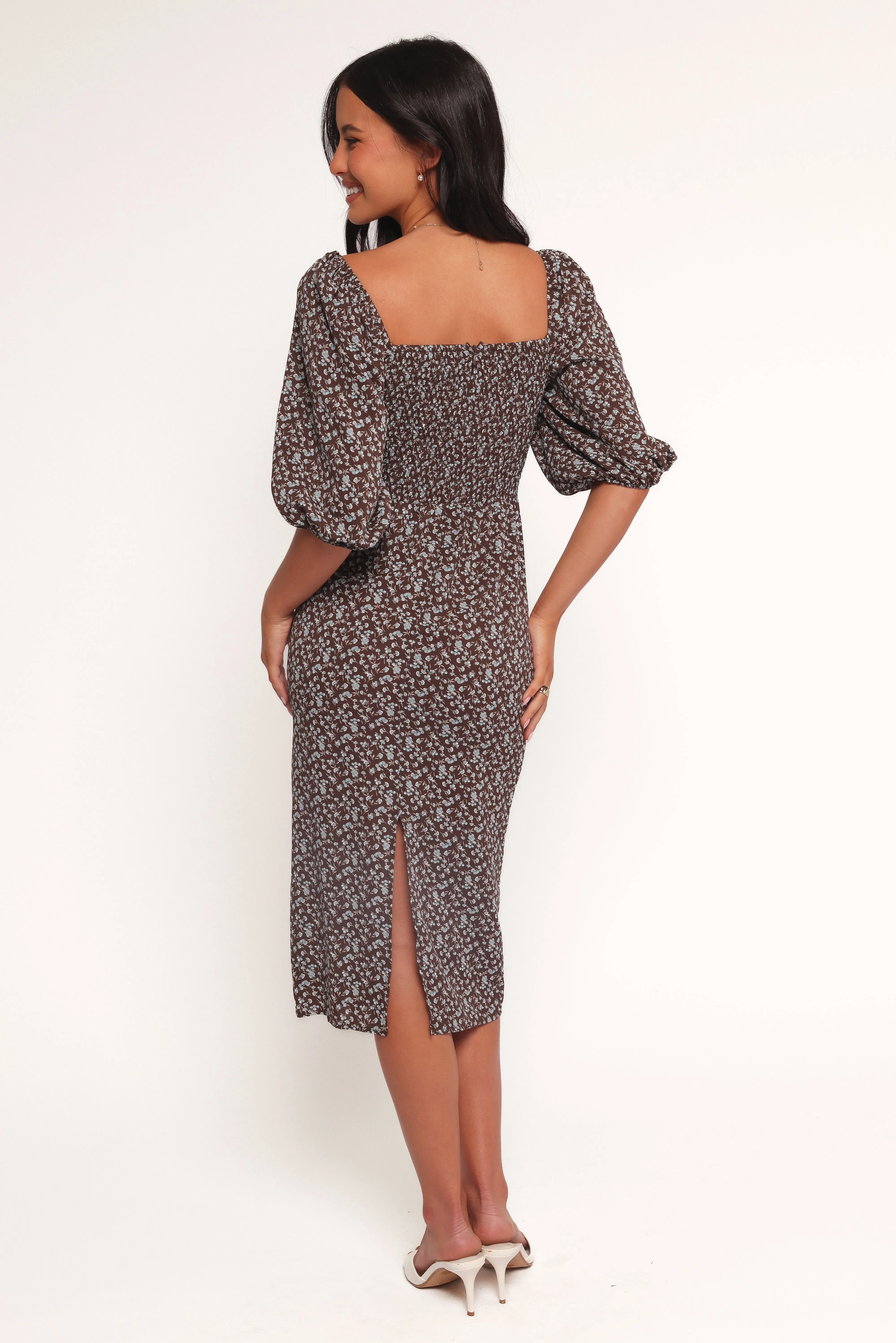 Oona Midi Dress - Brown Blue Floral Japan Line Airy Silk