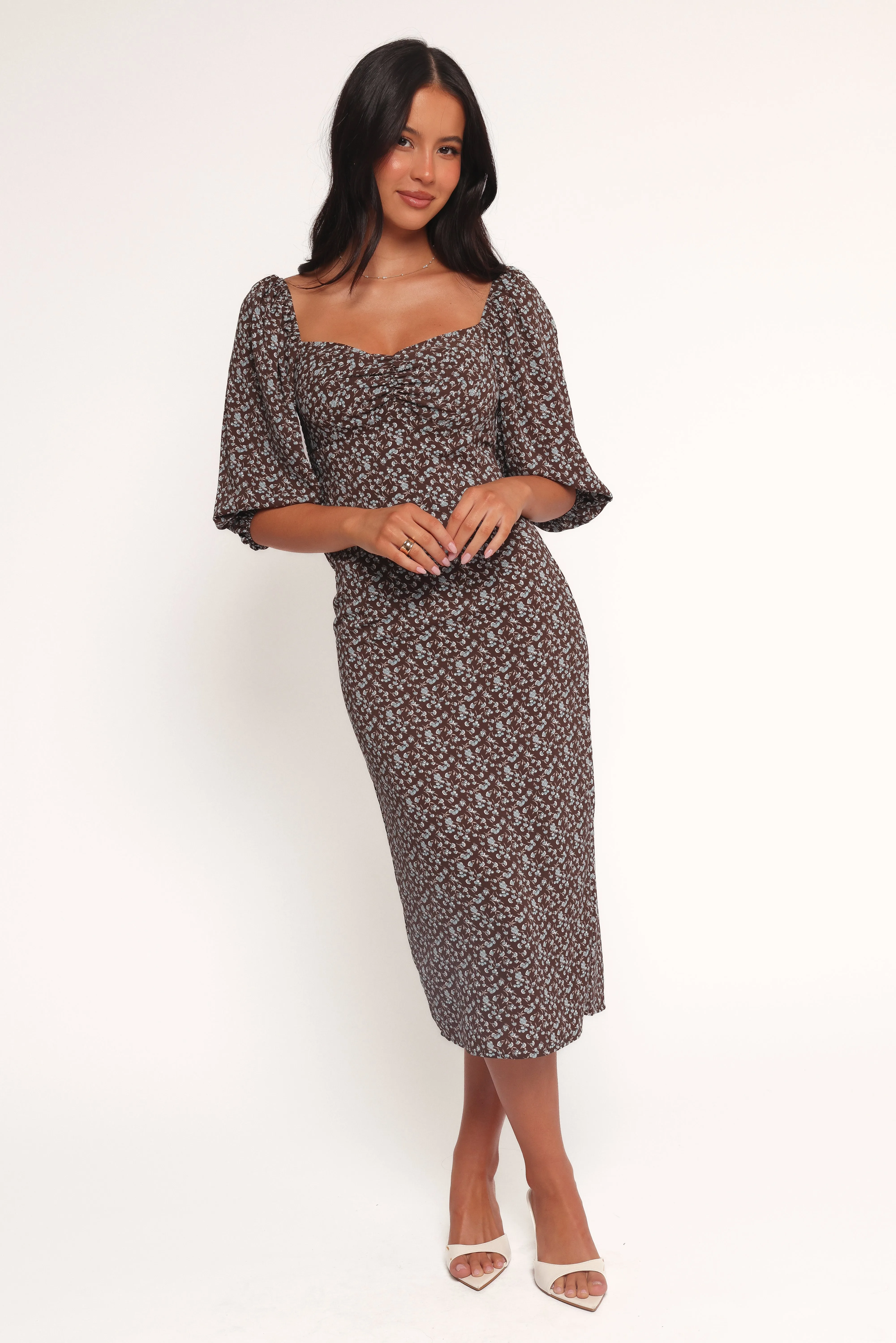 Oona Midi Dress - Brown Blue Floral Tiered-Skirt