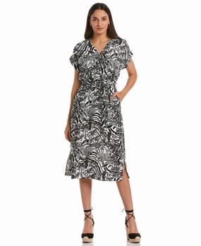 Non-Iron Stylish Wear Zebra Print V-neck Midi Dress with Self Fabric Tie