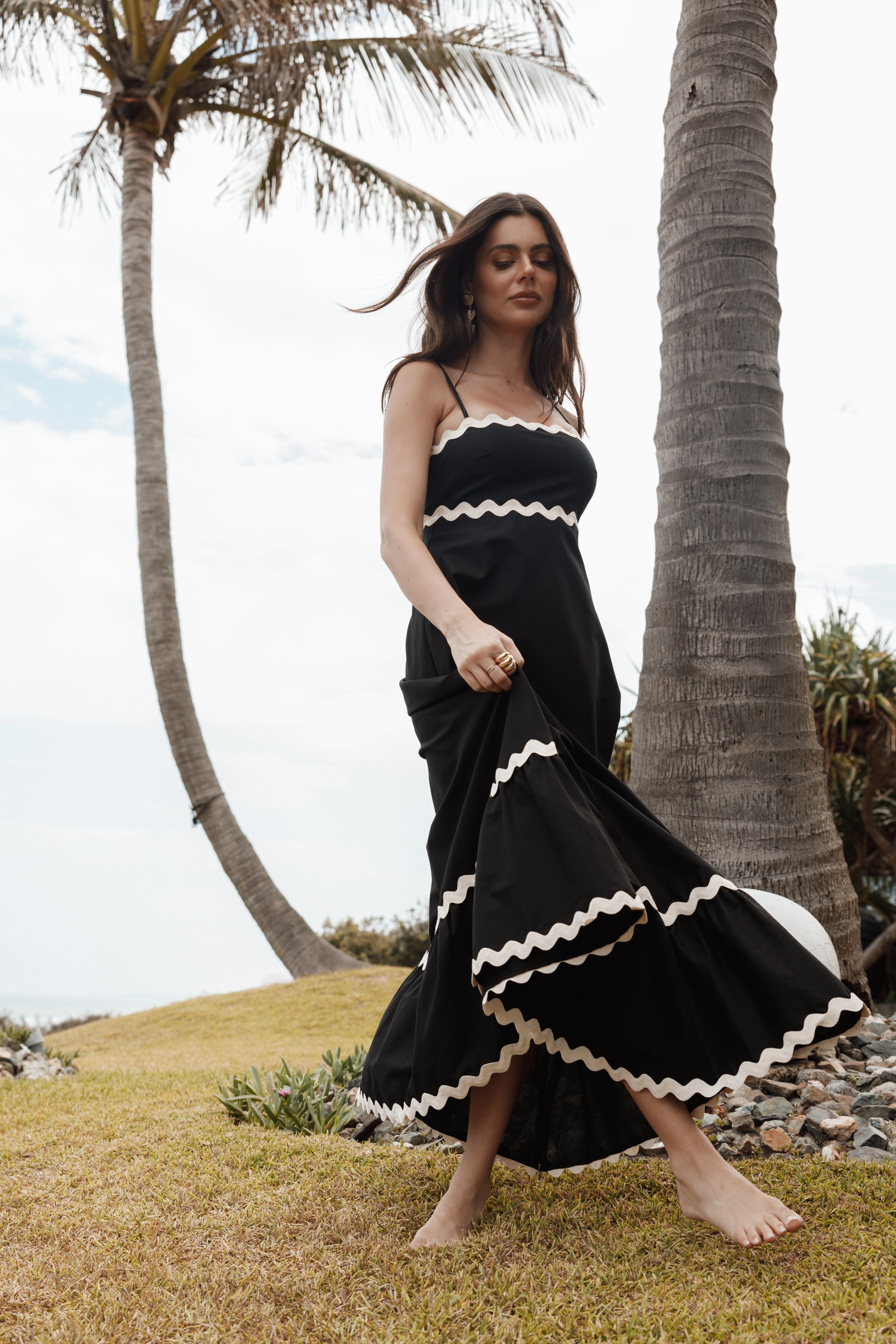 Open Back Smooth Texture Yana Maxi Dress - Black Cream