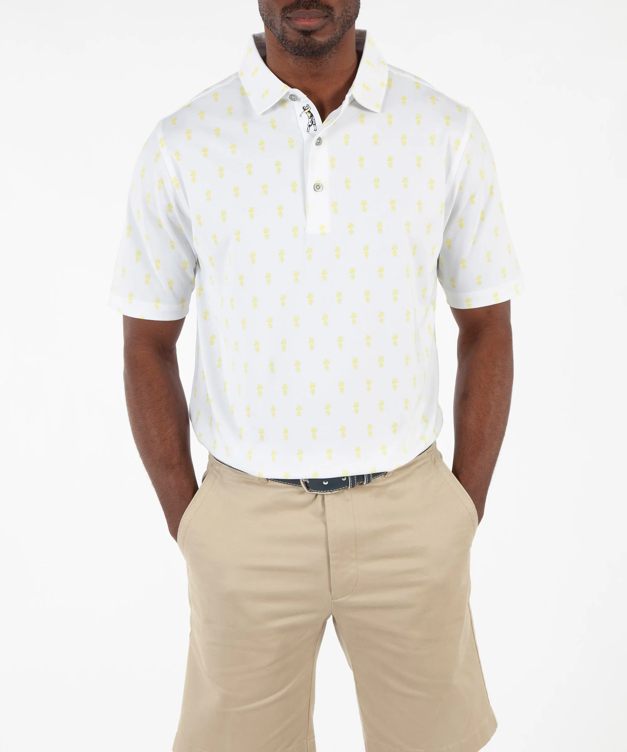 Relaxed Comfort Layered Hem Reinforcement Performance Pineapple Print Short Sleeve Polo Shirt