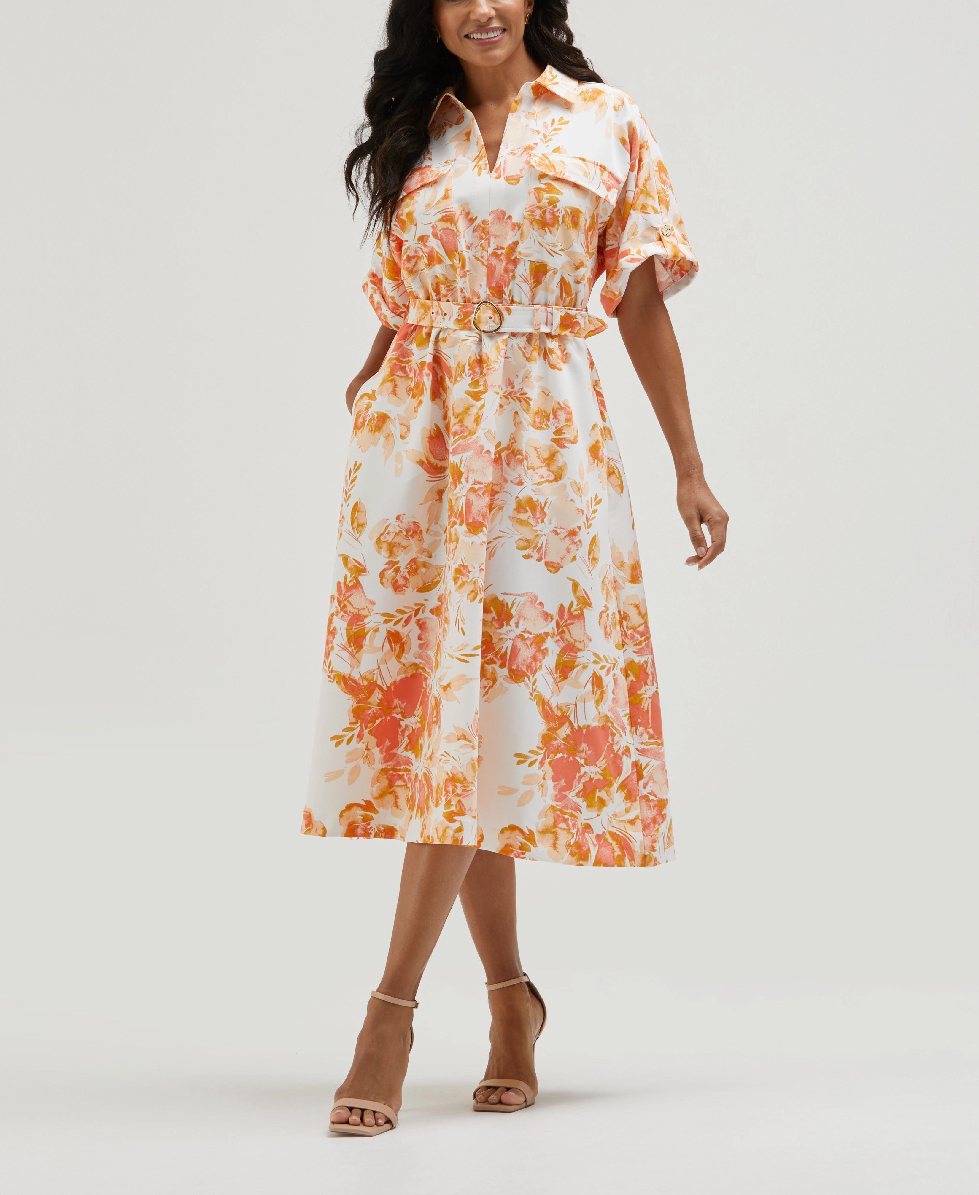 Empire-Waist Neutral Finish Petite Floral Print Utility Shirt Dress