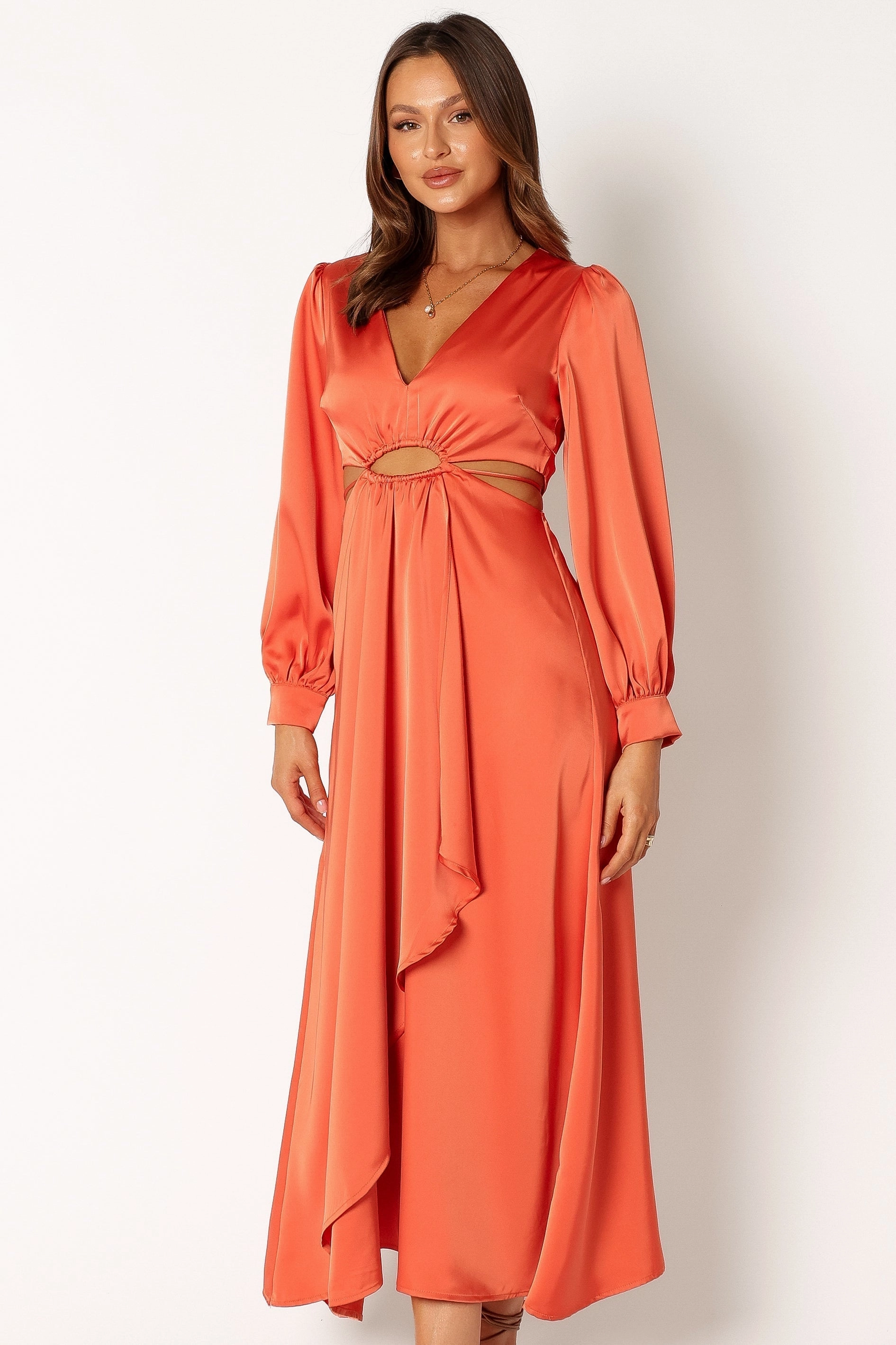 Layered Volume Fine Details Peyton Long Sleeve Midi Dress - Orange