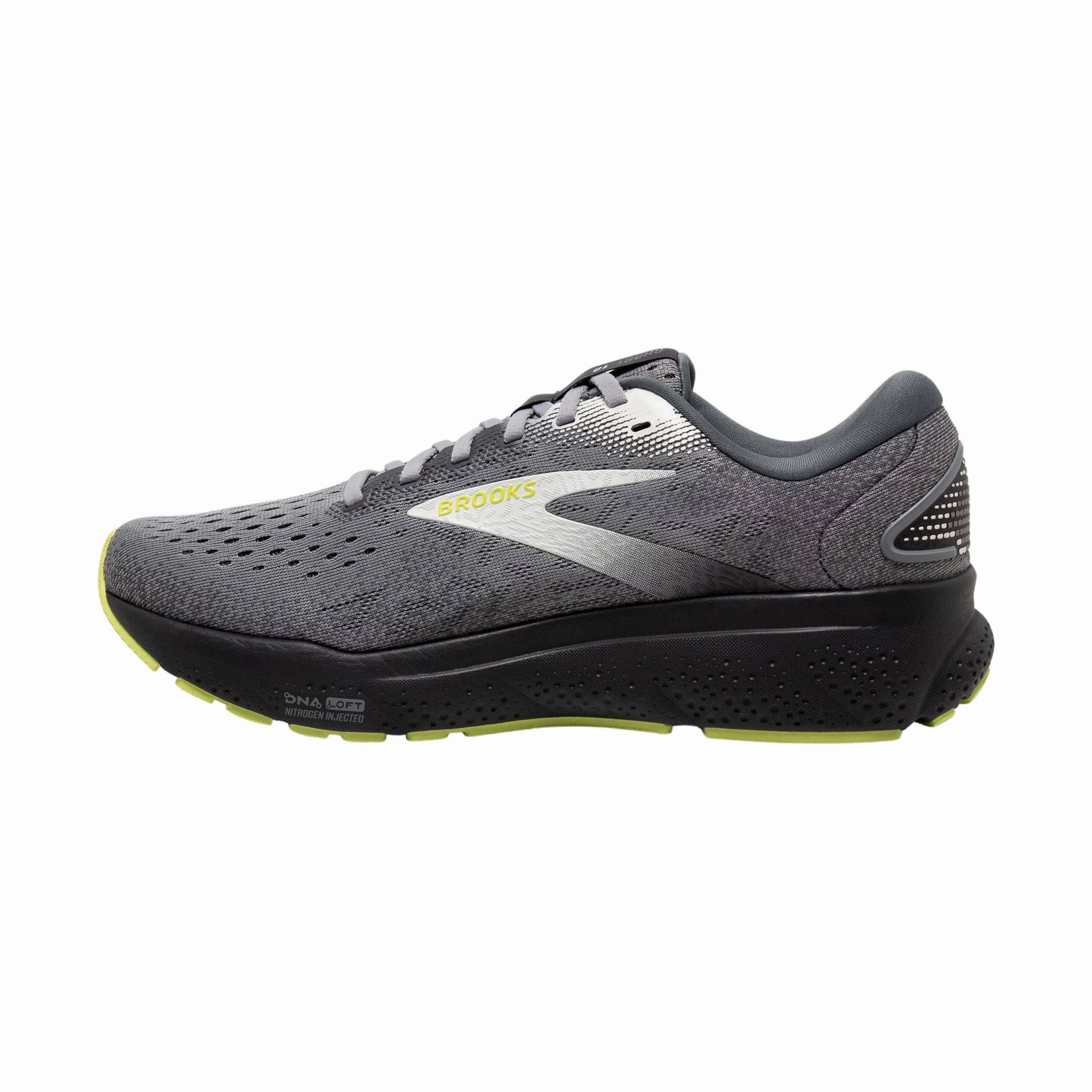 Brooks Men's Ghost 16 Road Running Shoes - Primer/Grey/Lime Orthopedic Friendly Design Multi Directional Flex Grooves
