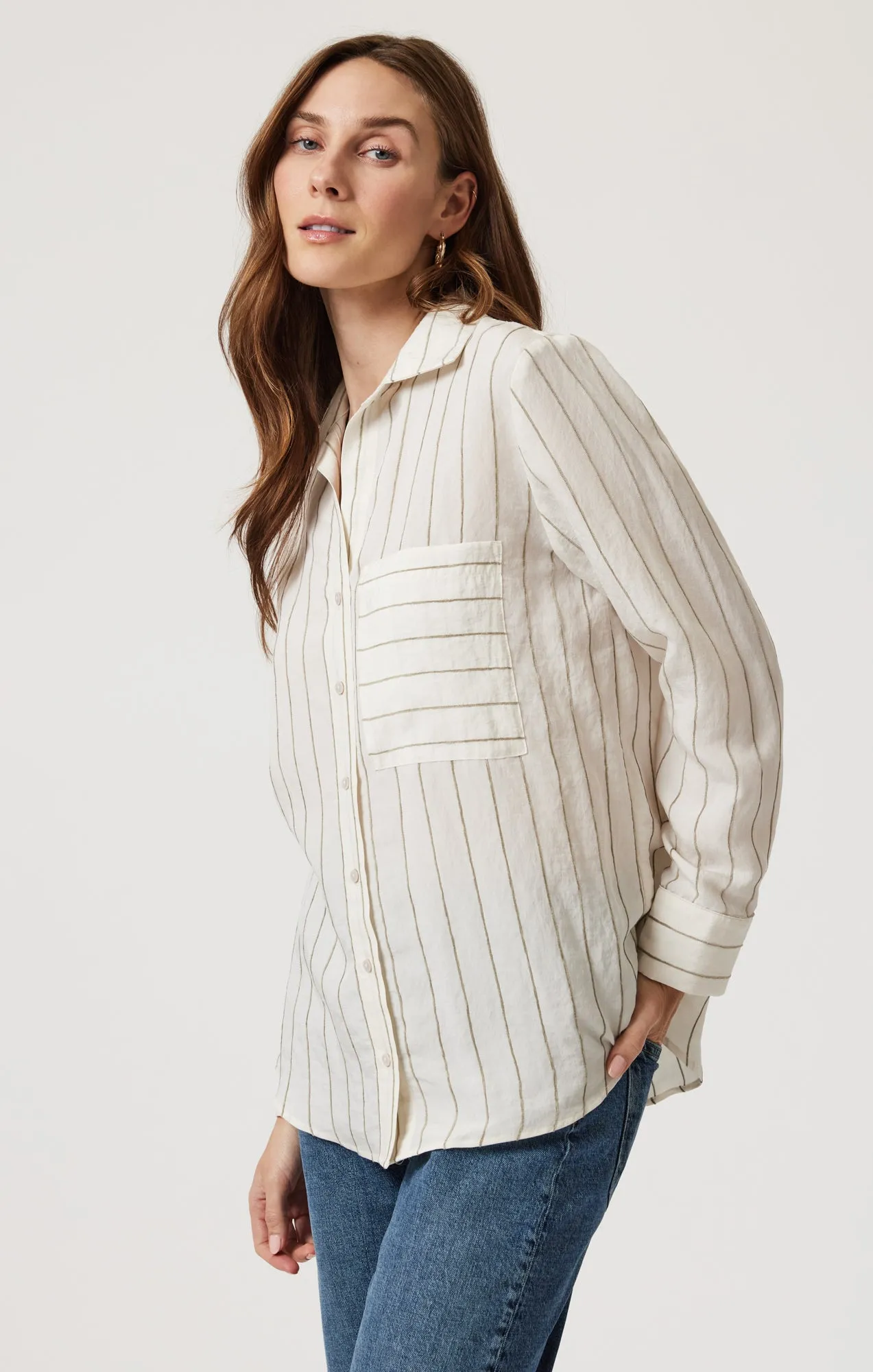 POCKET LONG SLEEVE SHIRT IN KHAKI STRIPE Earthy Hue