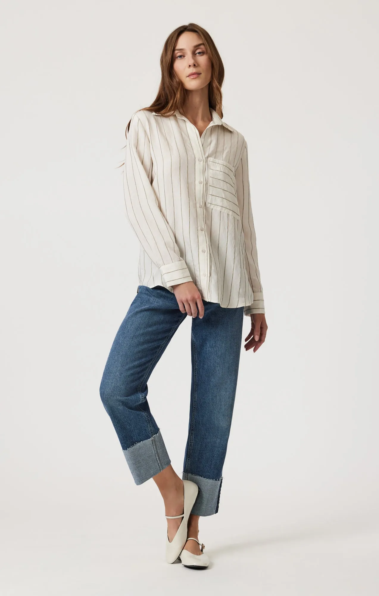 Multi Pocket Design POCKET LONG SLEEVE SHIRT IN KHAKI STRIPE