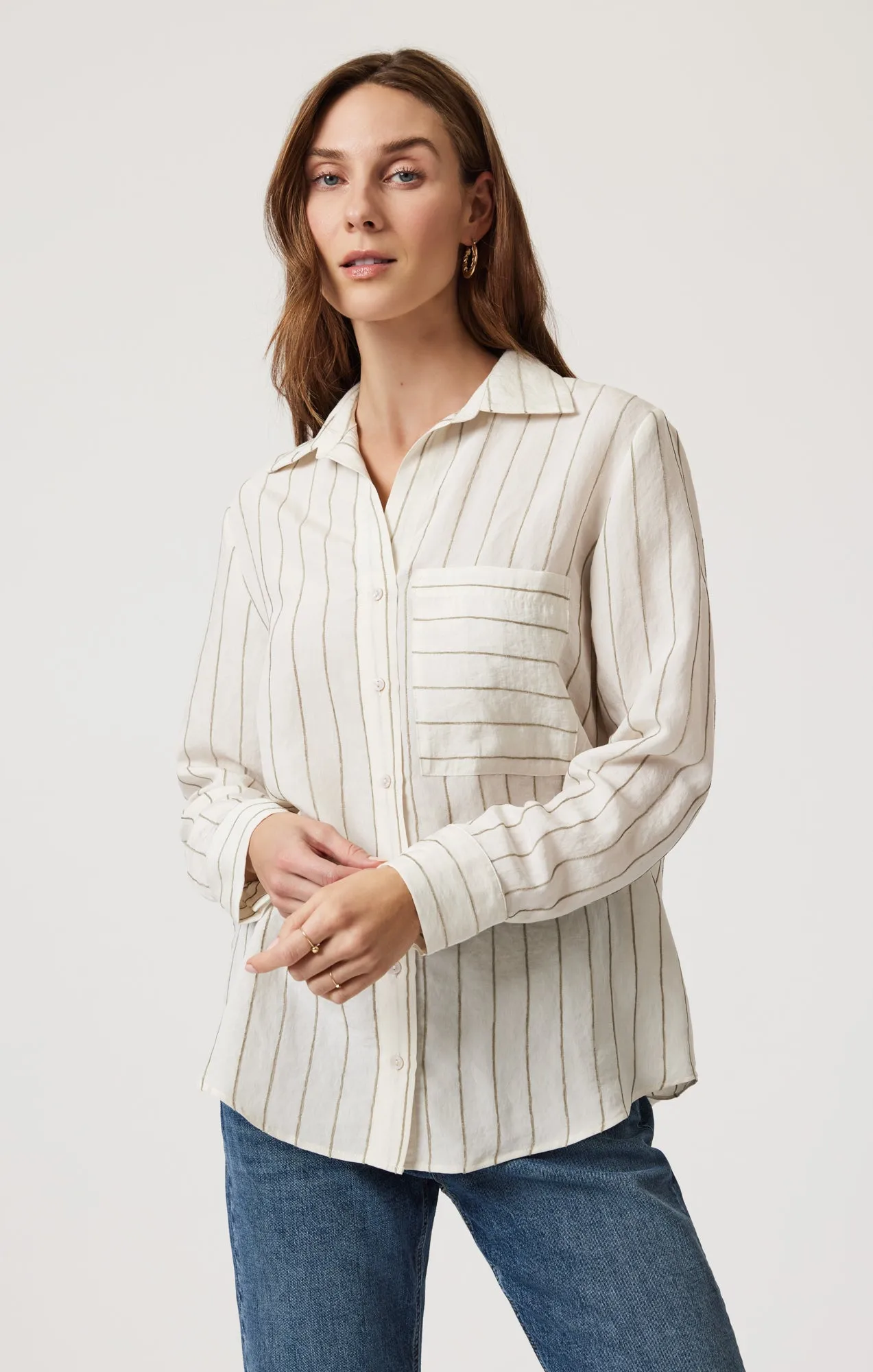 POCKET LONG SLEEVE SHIRT IN KHAKI STRIPE Designer Touch