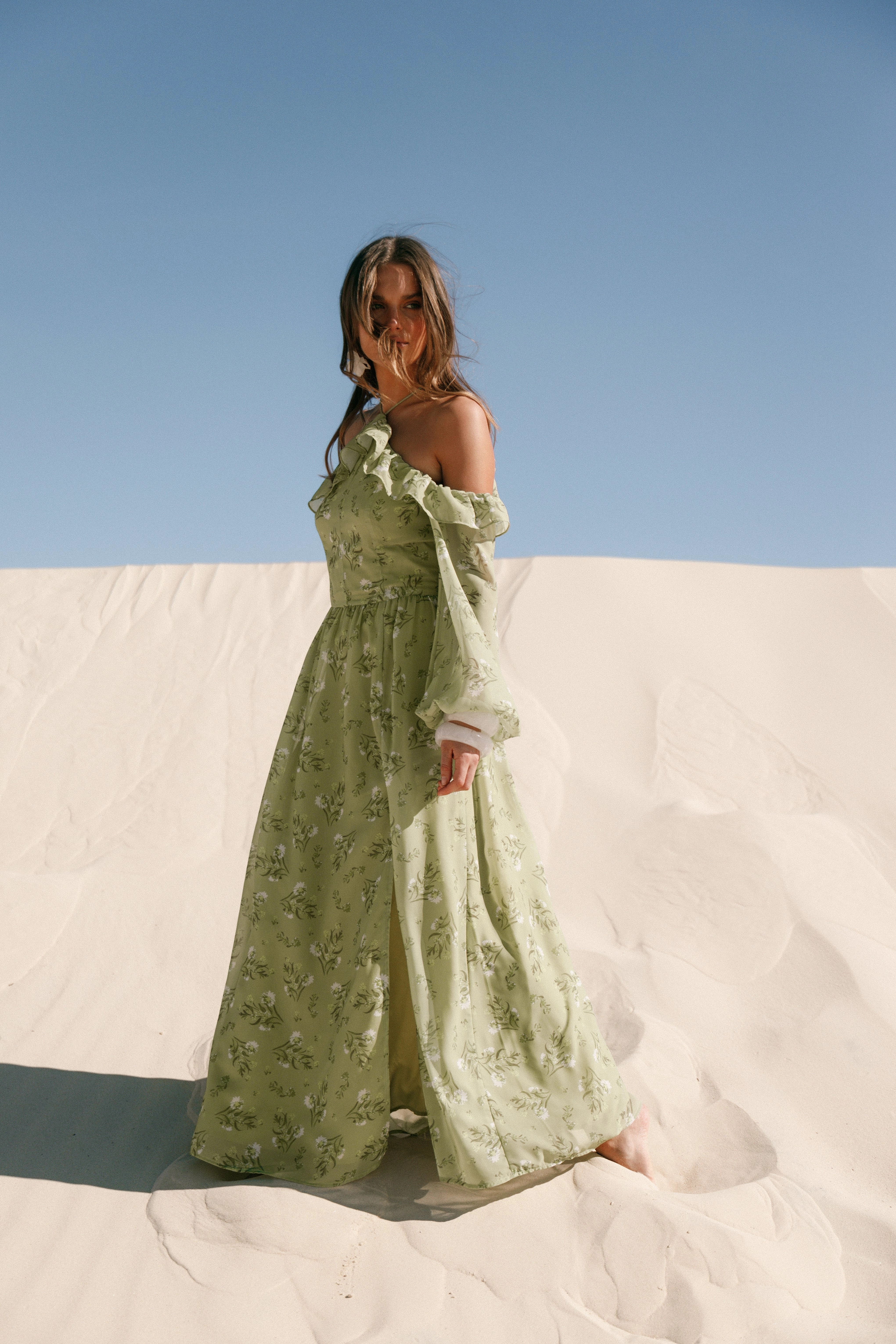Alina Maxi Dress - Sage Botanica Bishop-Sleeve Clasp-Closure