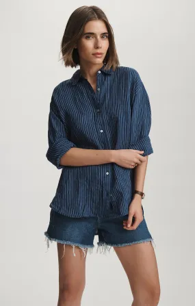 LINEN LONG SLEEVE BUTTON-UP SHIRT IN NAVY STRIPE Special Occasion Premium Pima Cotton