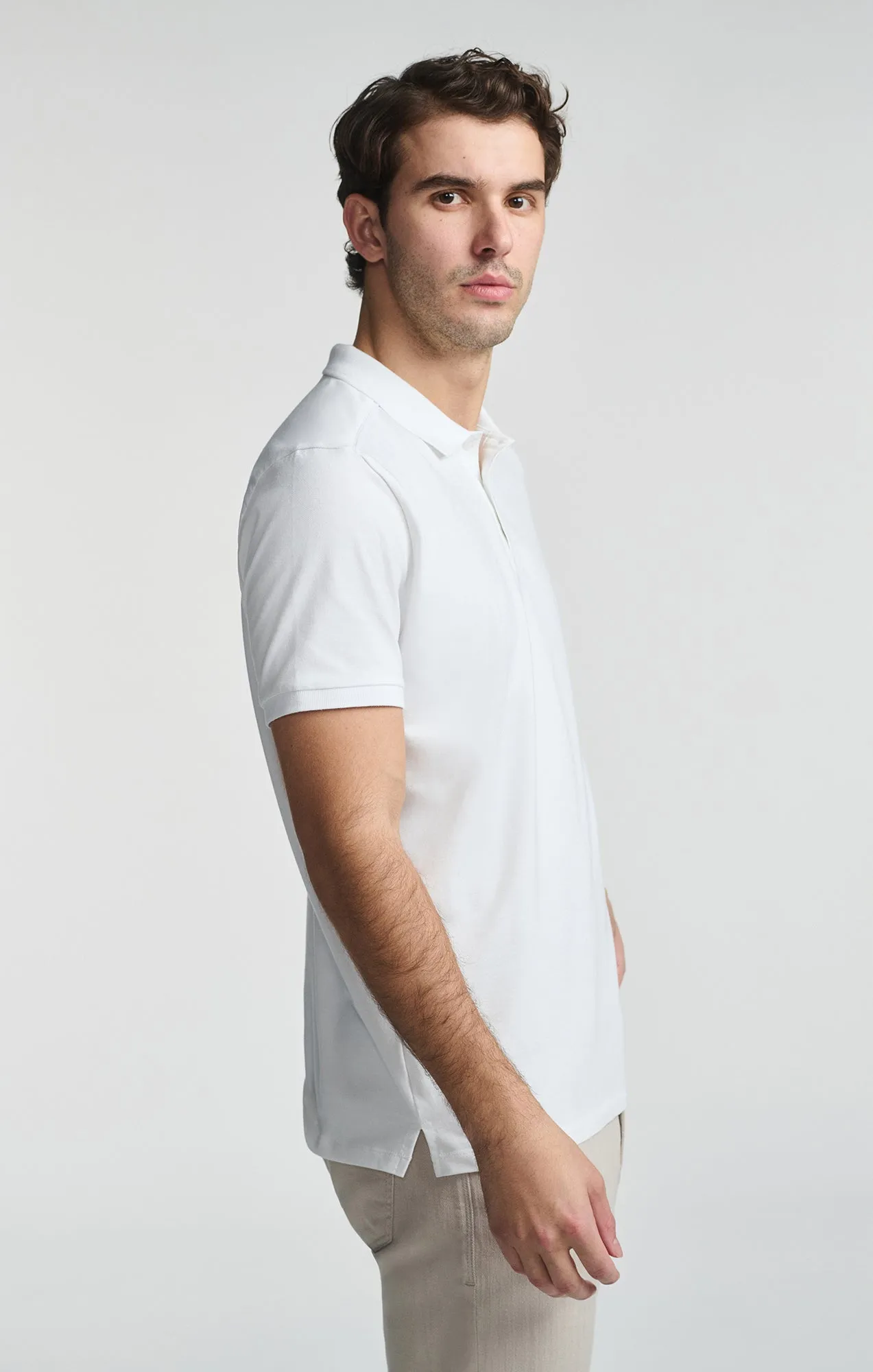 POLO SHIRT IN WHITE Reinforced Hems Zip Front